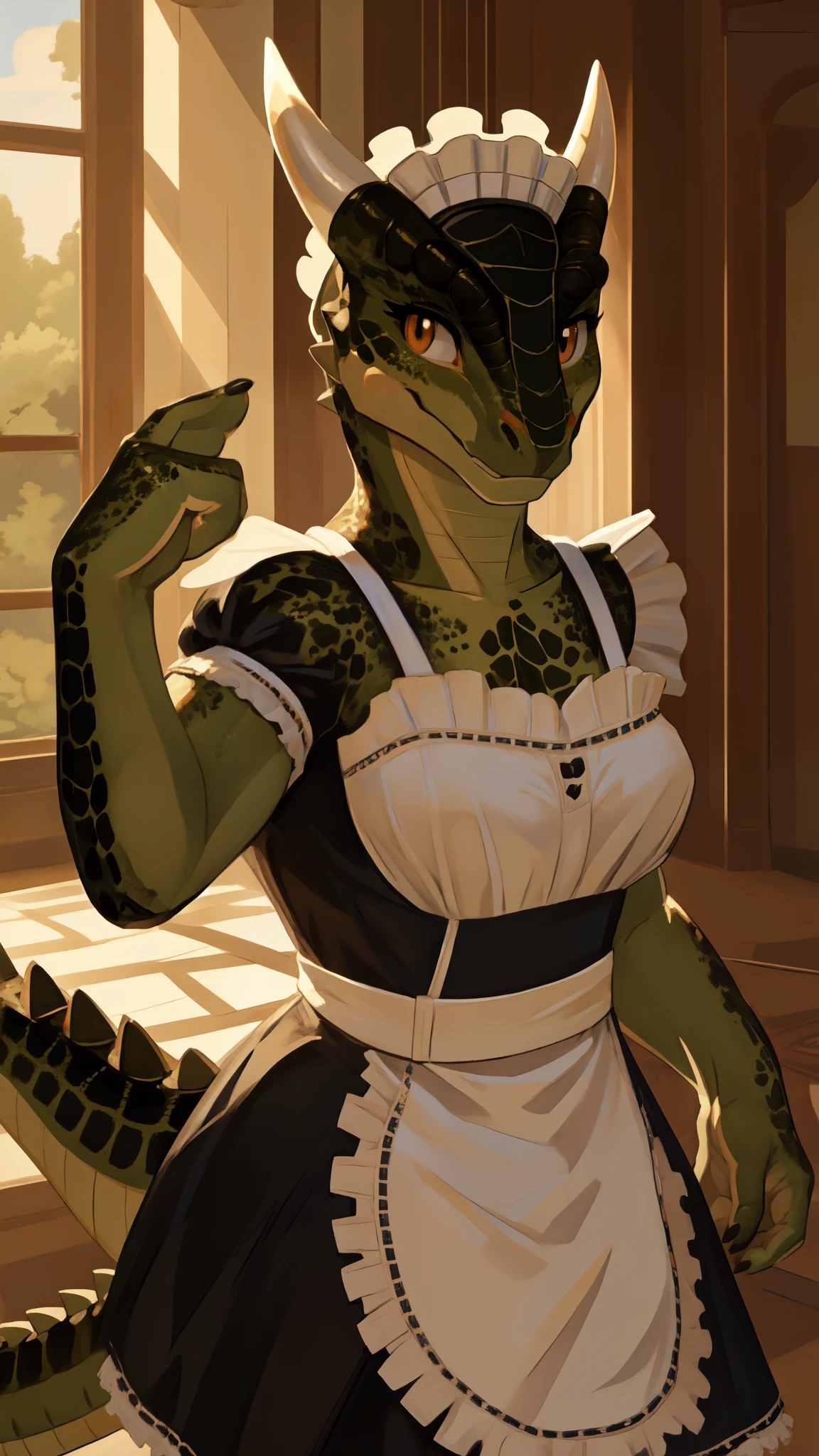 anime, hdr, soft light, ((best quality)), ((masterpiece)), (detailed), lustyargonian, maid, colored skin, green skin, maid headdress, tail, horns, (scales:1.2), (snout, animal nose:1.1), blush, embarrassed, (looking at viewer:1.1), cowboy shot,  sexy pose, mansion, 