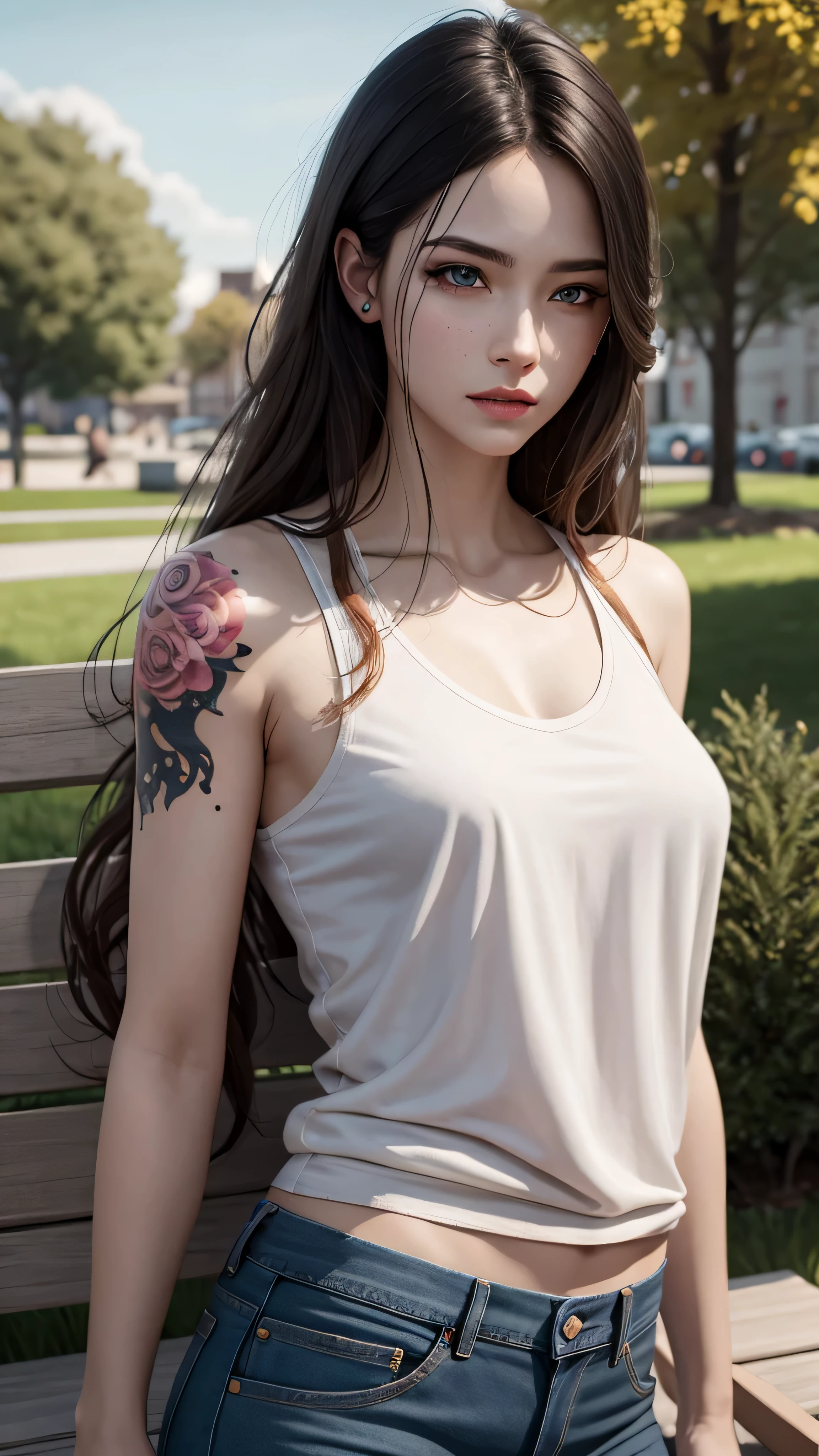 ((best quality: 1.5)) ((masterpiece: 0.8)), intricate details, sharp focus, professional, real life, realistic representation of the face, dynamic pose, in the style of realistic and hyper detailed renderings BREAK ((detailed 30year woman, side view, ((shiny red lips, park, trees, bench, (pink cutoff t-shirt, blue eyes, denim jeans, goth blackout eyeshadow, albino skin, tattoo: 0.7 [dark hair:ginger hair:0.3], long wavy hair, [flat chest:medium breasts:0.8]), smirking)), abdominal muscles), freckles: 0.6), photorealistic, hyper-realistic, 8K