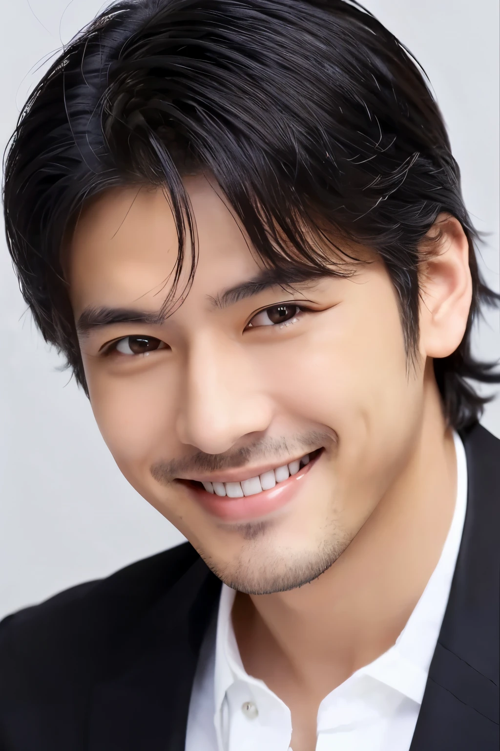 highest quality, masterpiece, a handsome guy , Executive Sexy Man,sweet smile,whole body、Japanese,black hair, white shirt,
