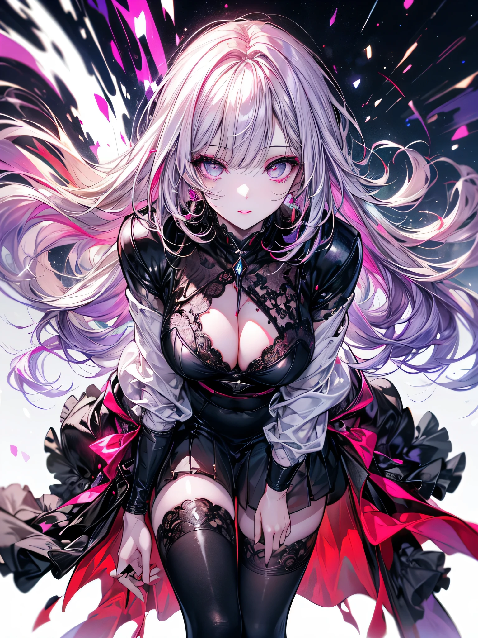 The middle of a journey,(((Super detailed, 8K quality))),,hair above one eye, red eyes, clear eyes, open jacket,anime style, 1 female, 22 years later,look up at the sky、reach for the sky、Not looking at the photographer、blue eye background,Looks comfortable、big and full breasts, (scarlet hair), long hair, purple eyes, Wearing a short white digital punk outfit, (natural skin texture vivid details, surreal, (realistic detailed eyes, natural skin texture, realistic facial details), Depth of written boundary, Bokeh, vivid details, surreal, 35mm movie,lipstick, ear piercing, eye shadow, red pink lips, 多色のred eyes, purple theme,Wear an iridescent aura,beautiful eyes,purple carpet,hanging bangs,sit,The colors of the sunglasses are white and purple,((Squad Position)),((leaning forward)),black stockings、squat