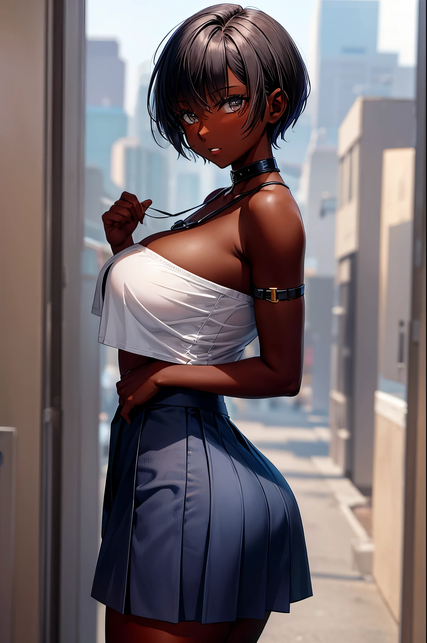 1 girl, dark skin, short hair, knee skirt, strapless top, massive chest & booty, view from her sides