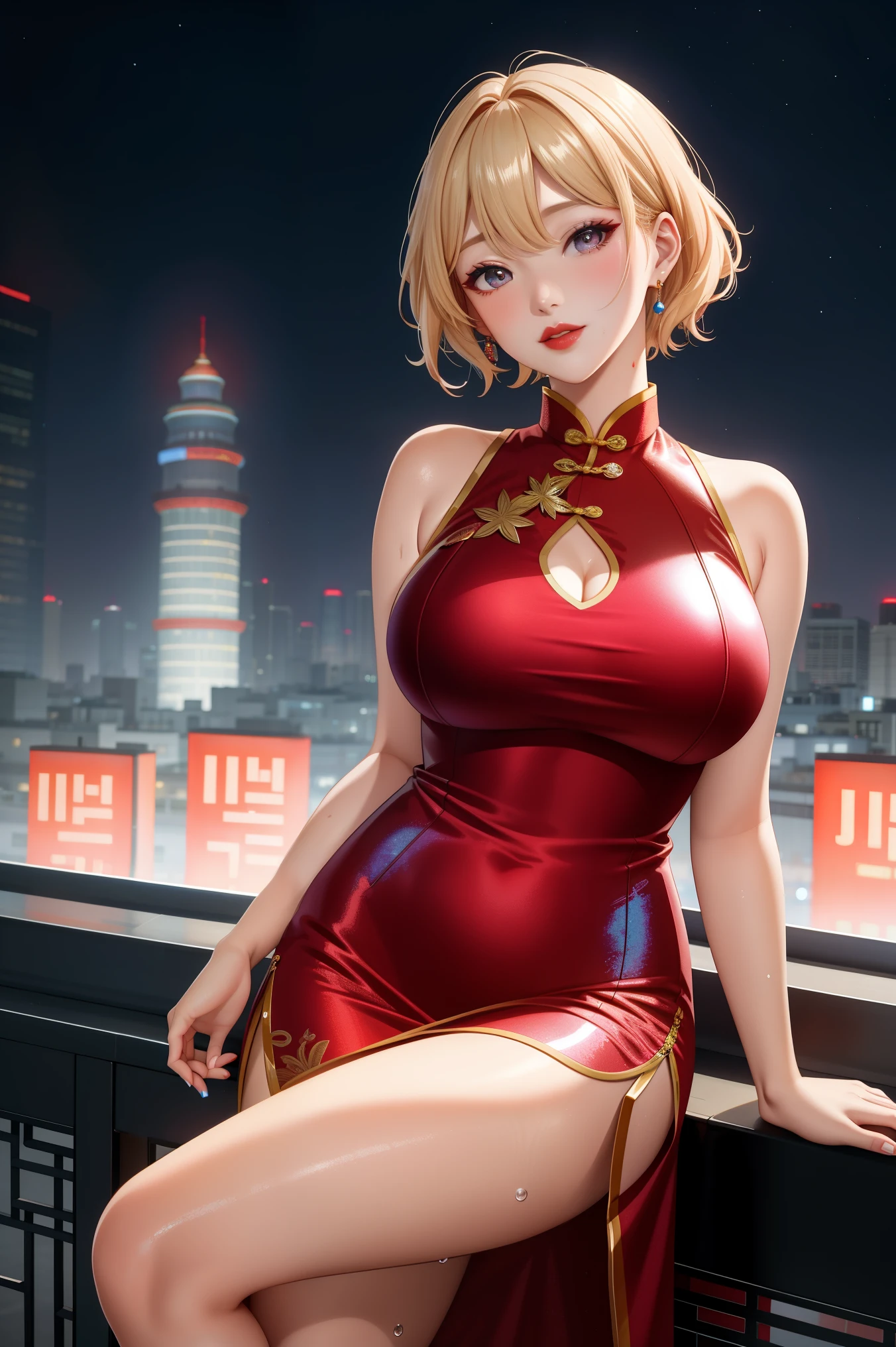 Korean Idols　A MILF　Wavy blonde with bangs　Shorthair　Plump lips　Shiny metallic blue cheongsam long dress 　((Dressing))　Looking at the camera　Duck mouth　sweaty and shiny skin　Bright red lipstick　Rooftop of a building with a beautiful night view of Beijing　Photorealistic flushed cheeks