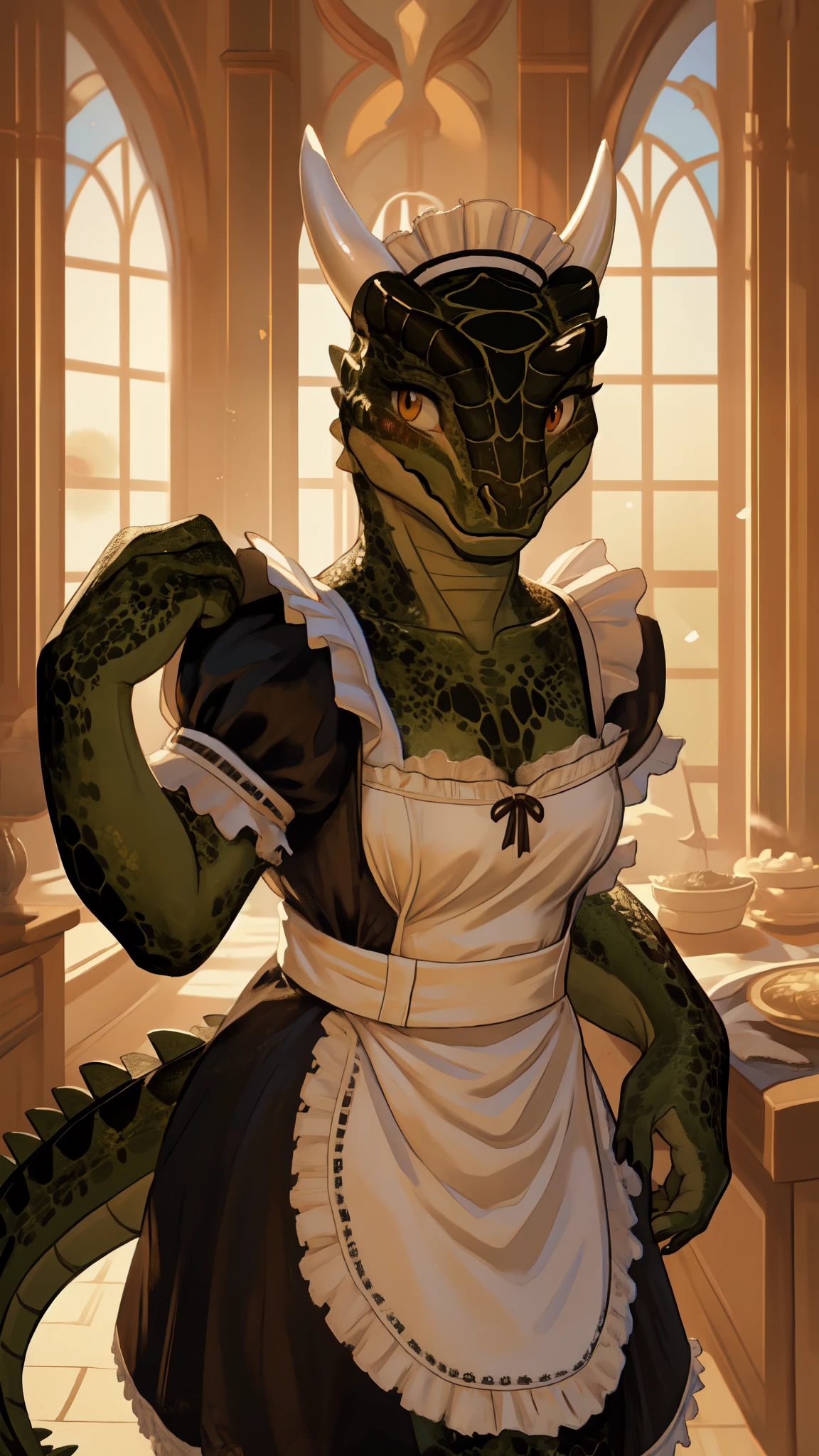 anime, hdr, soft light, ((best quality)), ((masterpiece)), (detailed), lustyargonian, maid, colored skin, green skin, maid headdress, tail, horns, (scales:1.2), (snout, animal nose:1.1), blush, embarrassed, (looking at viewer:1.1), cowboy shot,  (sexy undressed pose:1.5), mansion, 