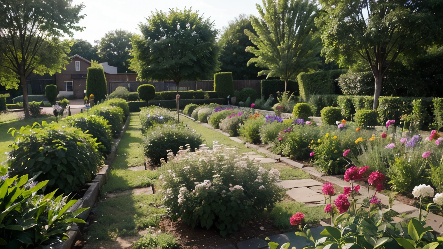 A lush garden bursting with fresh herbs, vegetables, and flowers, ready to be harvested for spring meals.