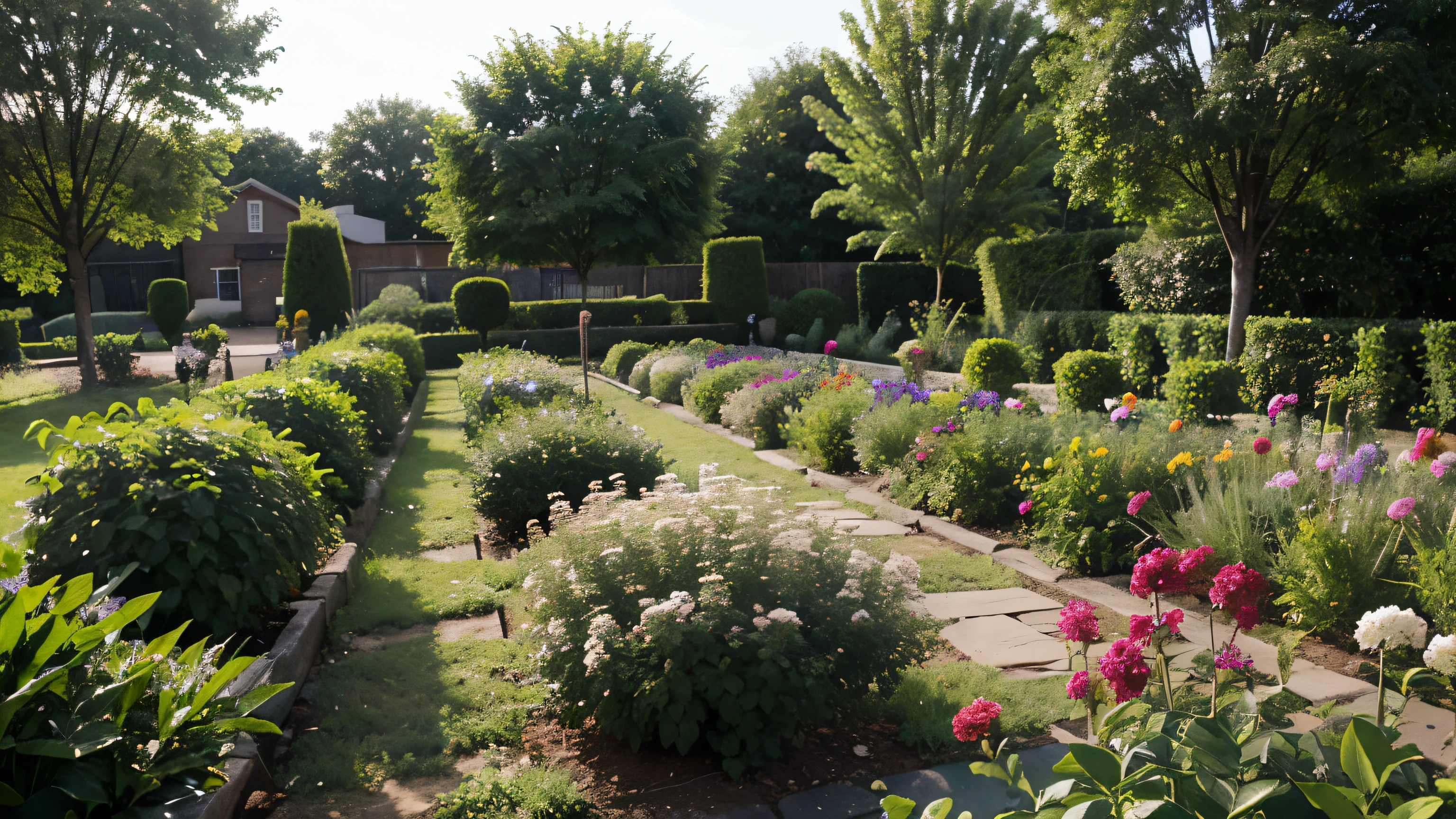 Lush garden full of fresh herbs, vegetable, and flowers, Ready to harvest for spring food.