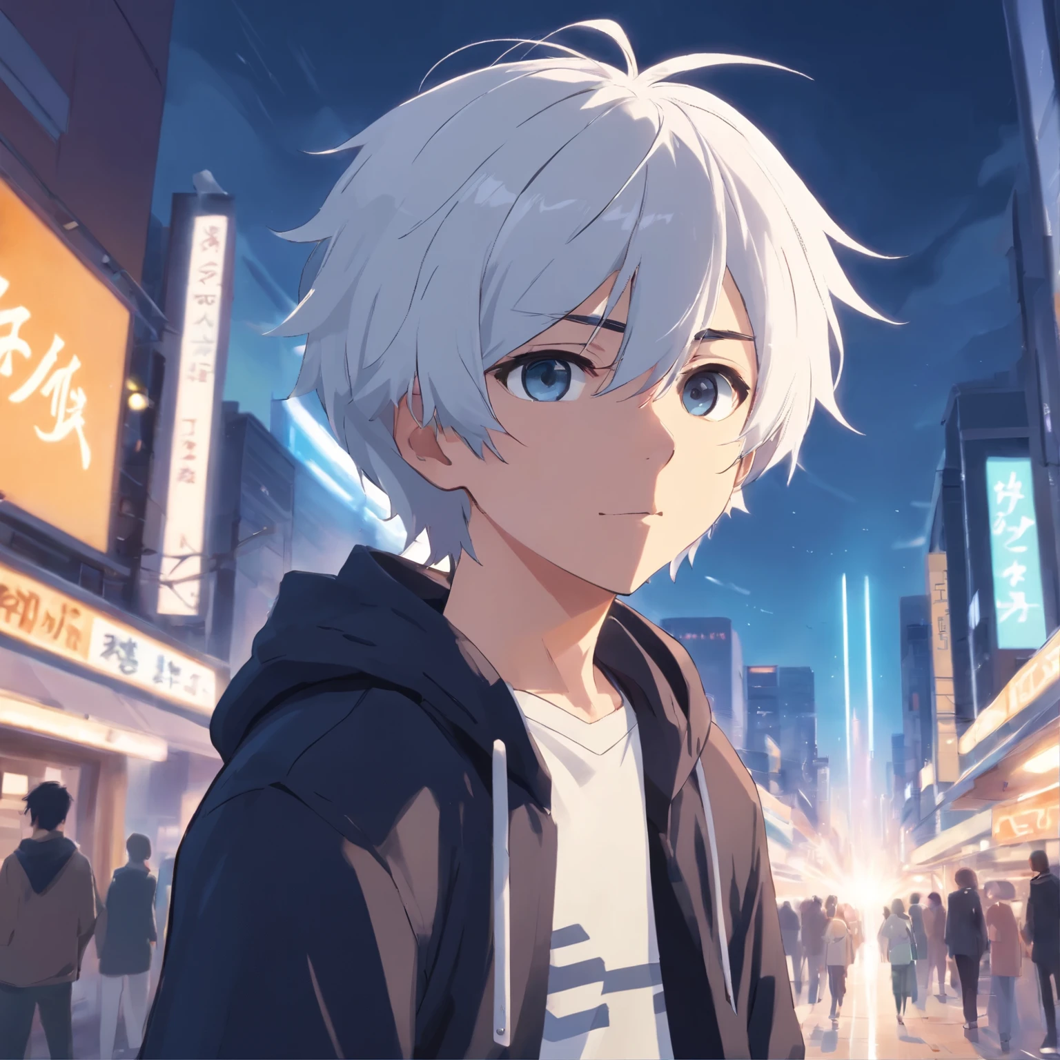 Anime boy with white hair and blue eyes standing in a city - SeaArt AI