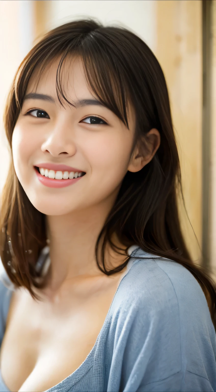 Japanese ),((beautiful girl)),cleavage,An expression that imagines something pleasant:1.2,(perfect body beauty:1.2),((perfect body)),(shy smile),beautiful teeth,