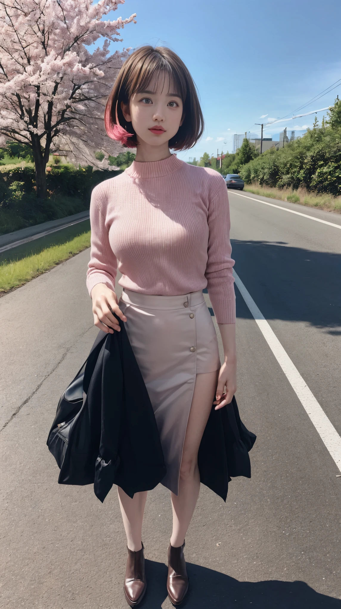 masterpiece, best quality, ultra-detailed, illustration, wide angle, 1girl stand in the middle of road, solo, road in the middle and pink cherry trees on roadside, full body, 20 yo, pink hair, sweater, short skirt, fashion,, composition, balance, harmony, rhythm, color, light, shadow, reflection, refraction, tone, contrast, foreground, middle ground, background, naturalistic, figurative, representational. Big breasts and slender body 