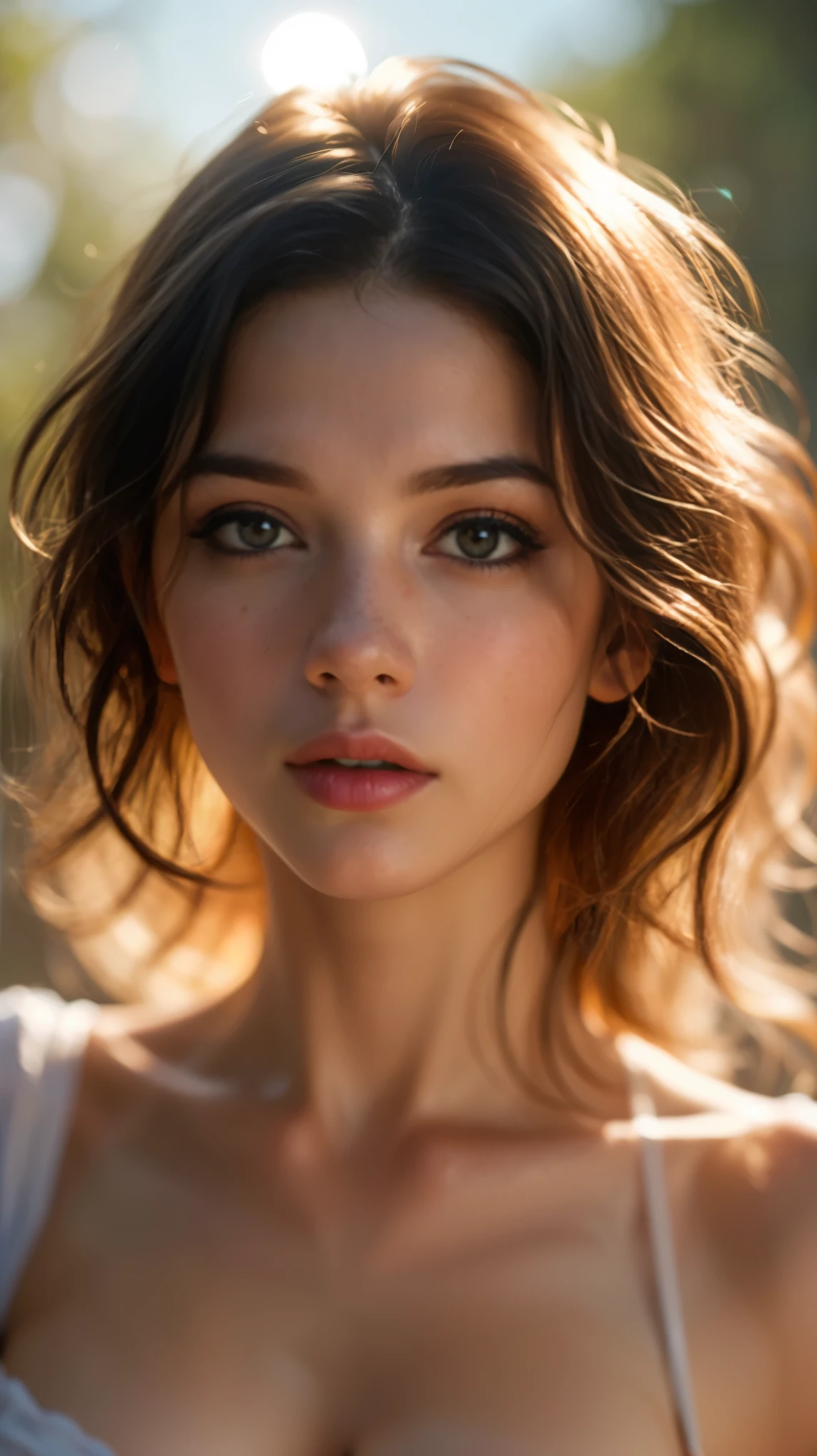 (((ultra realistic))) Photo, masterpiece, top quality, (pale skin), (Ultra detailed face and eyes:1.3), 1 girl, Adult, in a T-shirt, (Eye makeup, mascara) , ((large detailed lips)), ((ash wavy hair)), ((Chyolka)) , (Natural breasts), Slim waist. ((Posing)), photoshoot, studio (soft lighting), (The play of light and shadows), depth of field, bokeh, (special attention to skin detail: 1.2), Detailed leather texture, skin pores. (Airy atmosphere of the frame. Color range - delicate, Bright, white, Pink tones), UDR, ((Film grain)), ((rays)), ((glare of the sun)), ((waist up portrait, close to the camera)) , ultra detialed,