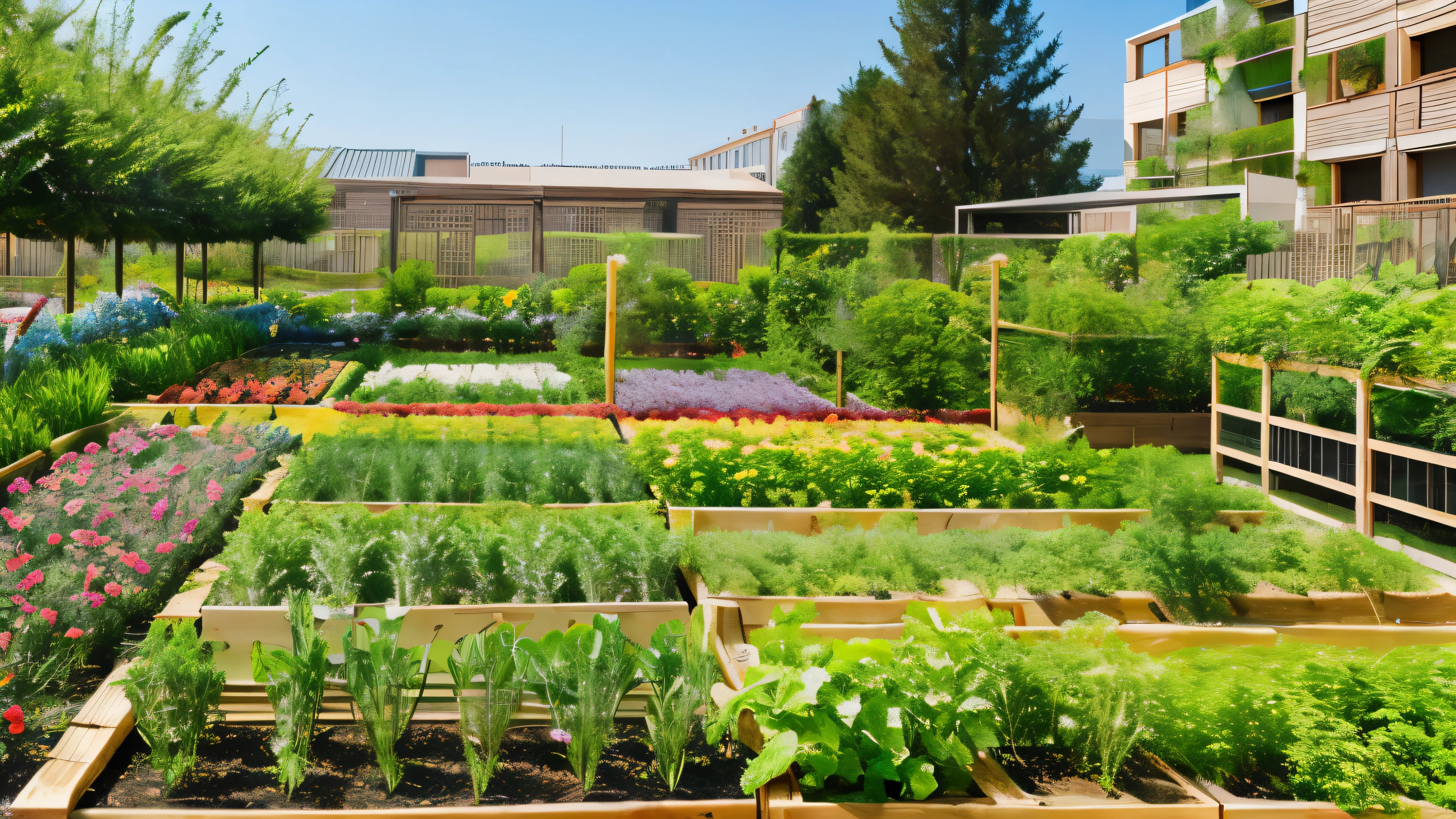Lush garden full of fresh herbs, vegetable, and flowers, Ready to harvest for spring food.