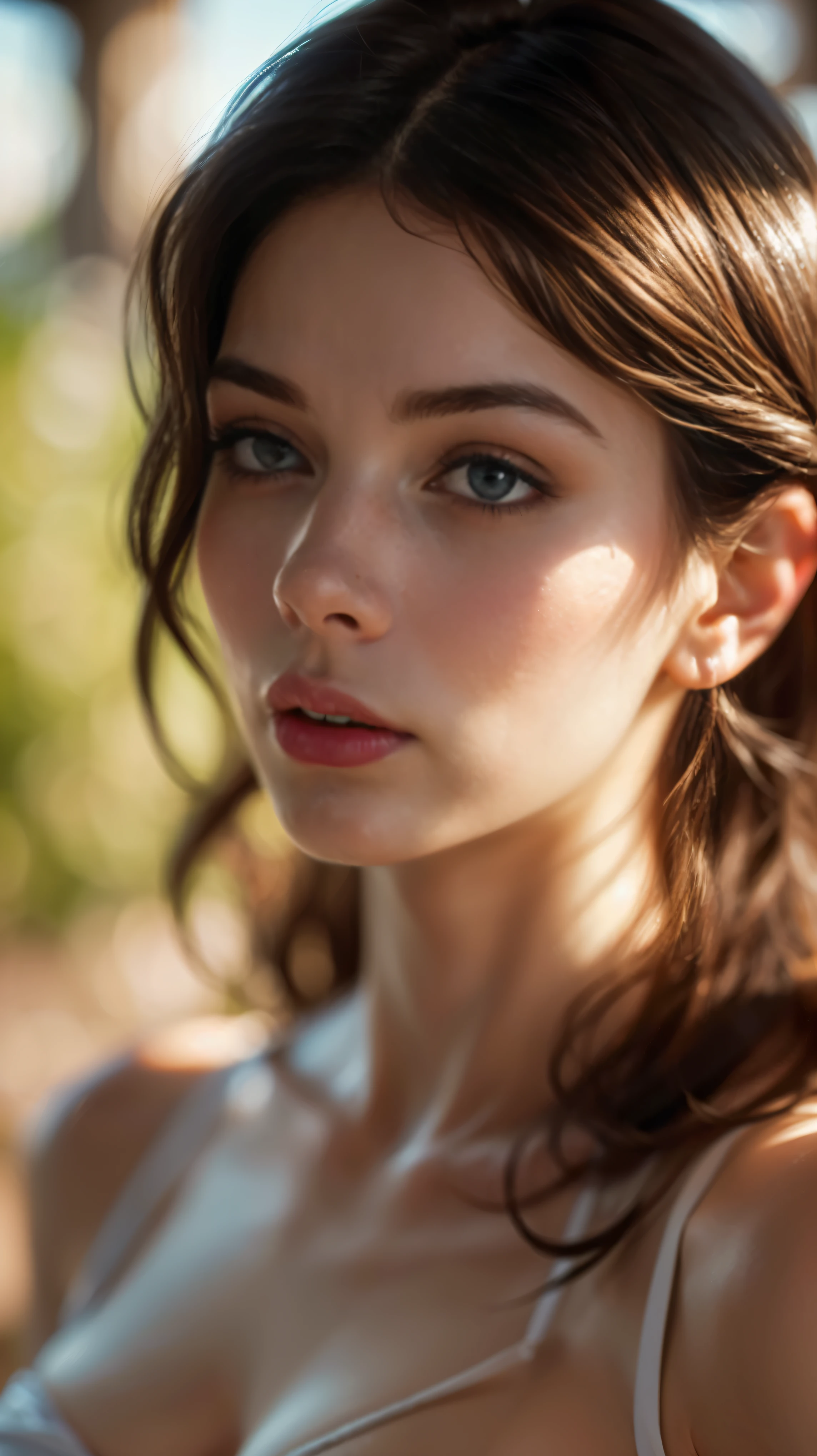 (((ultra realistic))) Photo, masterpiece, top quality, (pale skin), (Ultra detailed face and eyes:1.3), 1 girl, Adult, in a T-shirt, (Eye makeup, mascara) , ((large detailed lips)), ((ash wavy hair)), ((Chyolka)) , (Natural breasts), Slim waist. ((Posing)), photoshoot, studio (soft lighting), (The play of light and shadows), depth of field, bokeh, (special attention to skin detail: 1.2), Detailed leather texture, skin pores. (Airy atmosphere of the frame. Color range - delicate, Bright, white, Pink tones), UDR, ((Film grain)), ((rays)), ((glare of the sun)), ((waist up portrait, close to the camera)) , ultra detialed, 