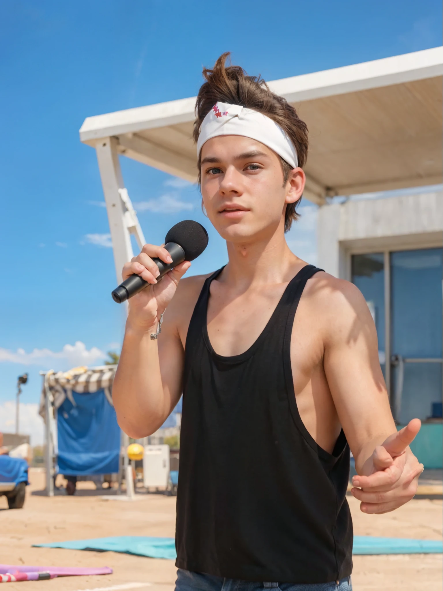 Real life adaption of this character, American teen boy,realistic same hair ,realistic same outfit,wear same headband , holding a microphone,realistic same background, realistic light, realistic shadow, realism, hyper realistic, (photorealistic:1.2), realistic small eyes
