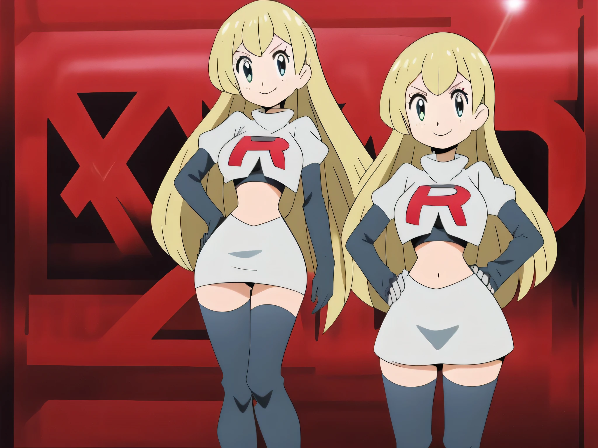 8k, anime screencap,1girl in, (solo:1.1), (perfect body:1.1), (best quality:1.1), very large breast, team rocket uniform, red letter r, white skirt,white crop top,black thigh-high boots, black elbow gloves, evil smile, looking down at viewer, hands on hips,zettai ryouiki,