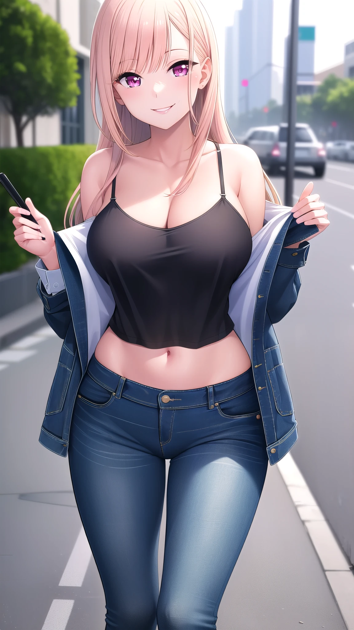 (best quality:1.5, highres, UHD, 4K, detailed lighting, shaders, perfect graphic), Marin kitagawa, pink eyes, long hair, large breasts, open jacket, camisole, crop top, jeans, sexy, erotic, seductive, lewd, smiling, standing, street background