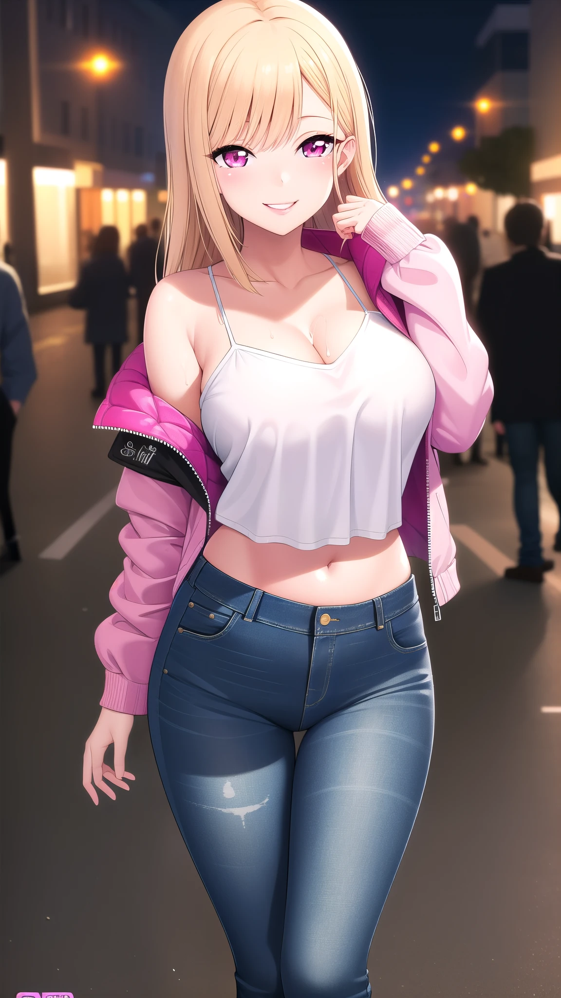 (best quality:1.5, highres, UHD, 4K, detailed lighting, shaders, perfect graphic), Marin kitagawa, pink eyes, long hair, large breasts, open jacket, camisole, crop top, jeans, sexy, erotic, seductive, lewd, smiling, standing, street background