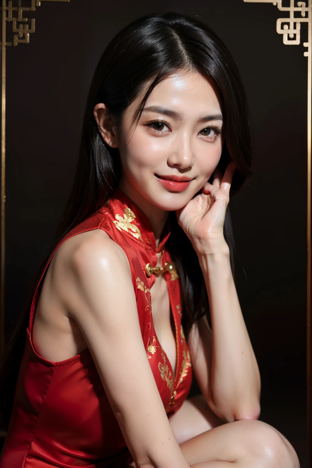 Smiling oriental beauty with long black hair wearing red cheongsam with an oriental dragon on the background