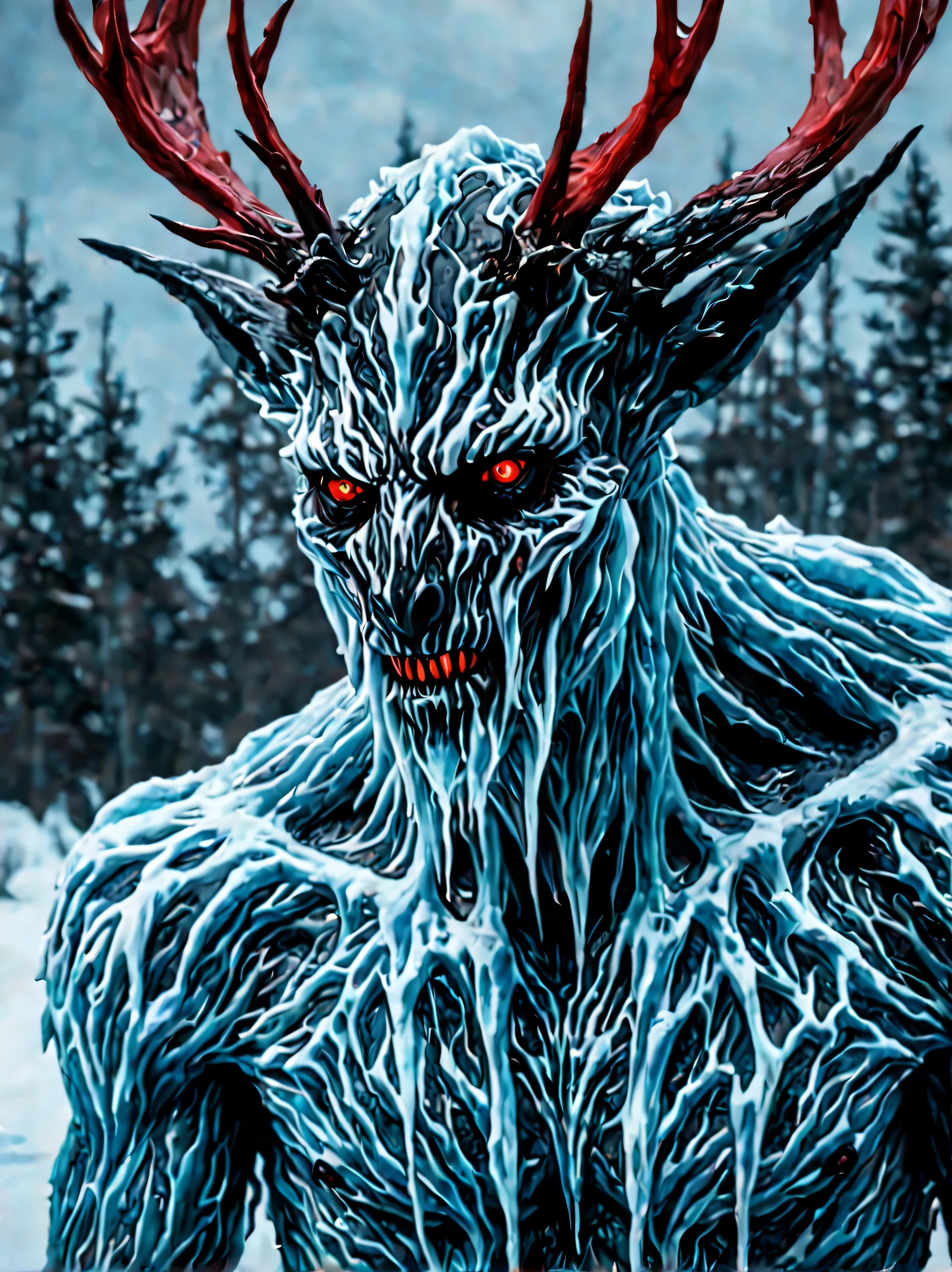 Wendigo, A close-up portrait of a character made out of Ice|fire. Red and blue colors dominate the composition. frozen wasteland nighttime, Inspired by the work of Qiu Ying, high saturation detailed