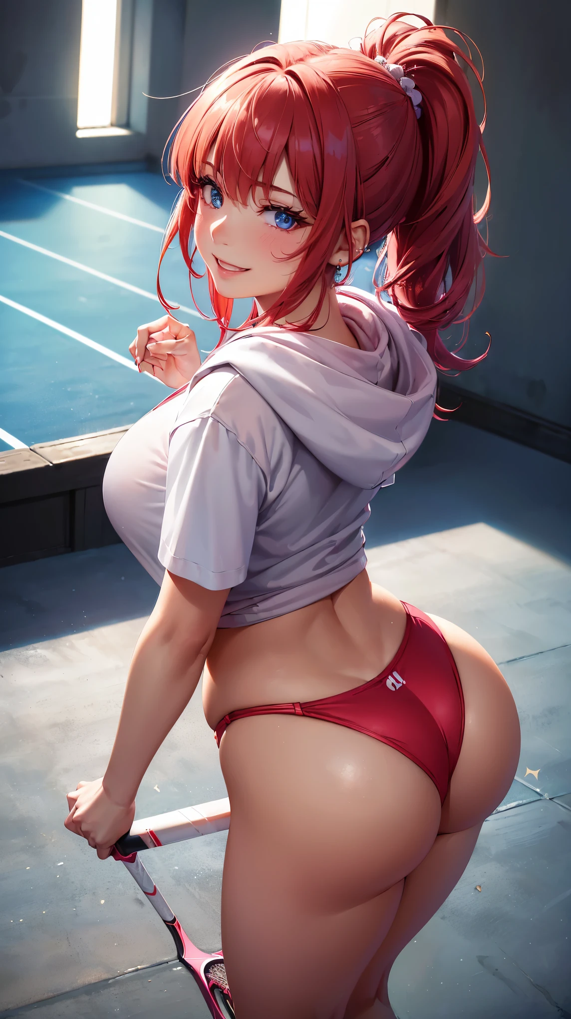 1 woman, (((((UHD))))), (((((masterpiece))))), ((((super detail)))), high details, ((((high quality)))), ((((best quality)))), (((highres))), ((((16k)))), ((Shadows)), ((bright red hair)), hair over shoulder, side swept bangs, (casual clothing), ((all pink hoodie)), ((white platted skirt)), heart-shaped pupils, one eye closed, sparkling eyes, ((big beautiful light blue eyes)), crystal earrings, grin, bright pupils, (evil smile), natural lips, light blush, cheek-to-cheek, sparkle, god rays, backlighting, reflection light, bloom, dutch angle, perspective, from above, from behind, beautiful ass, ((fat ass)), ((defined jawline)), on a tennis court, daylight