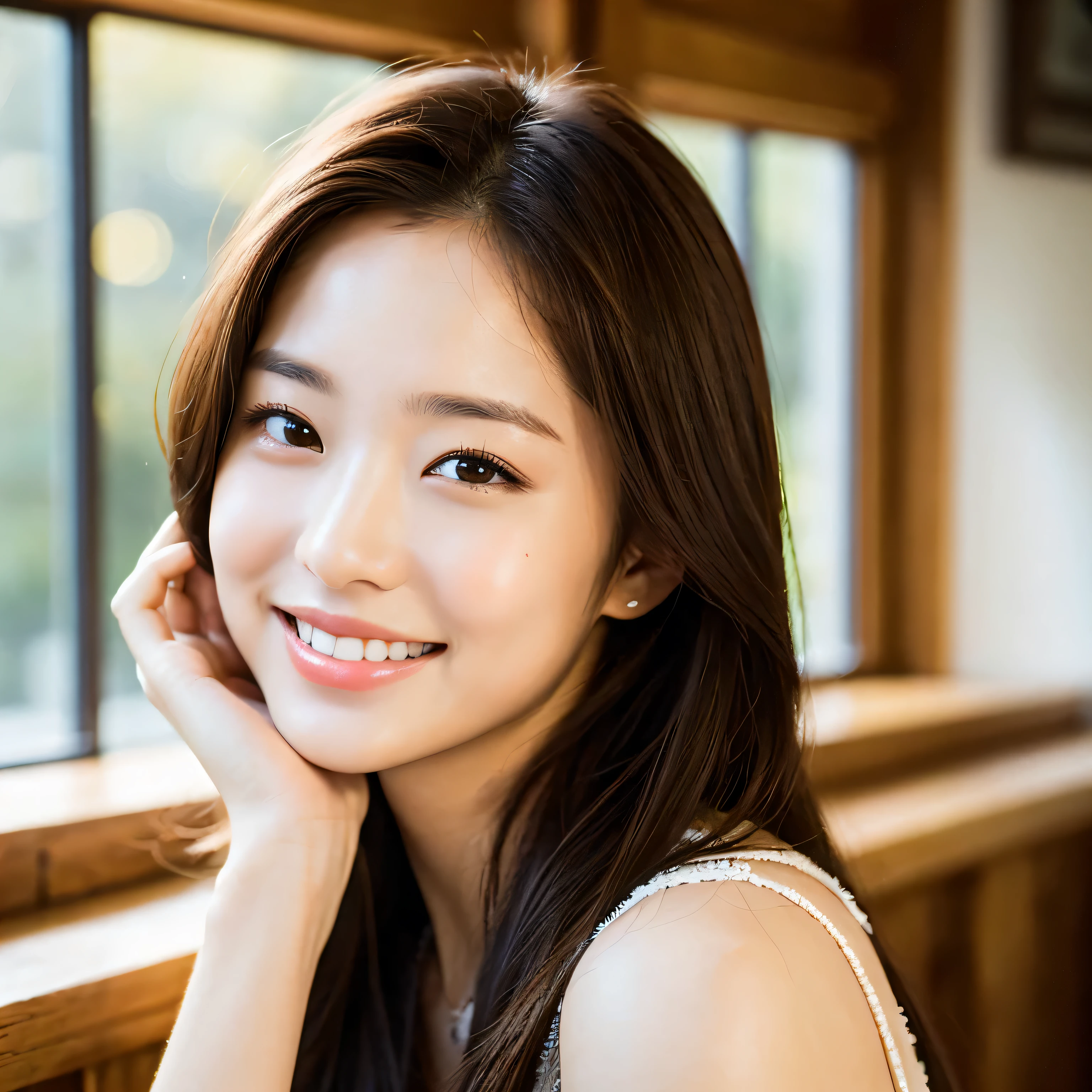 superb, masterpiece, super high quality, actual, girl, (beautiful face 1.4), (Big deal, Tighten the waist), long hair, indoors, Bokeh, millet, glowing skin, small head, Smile