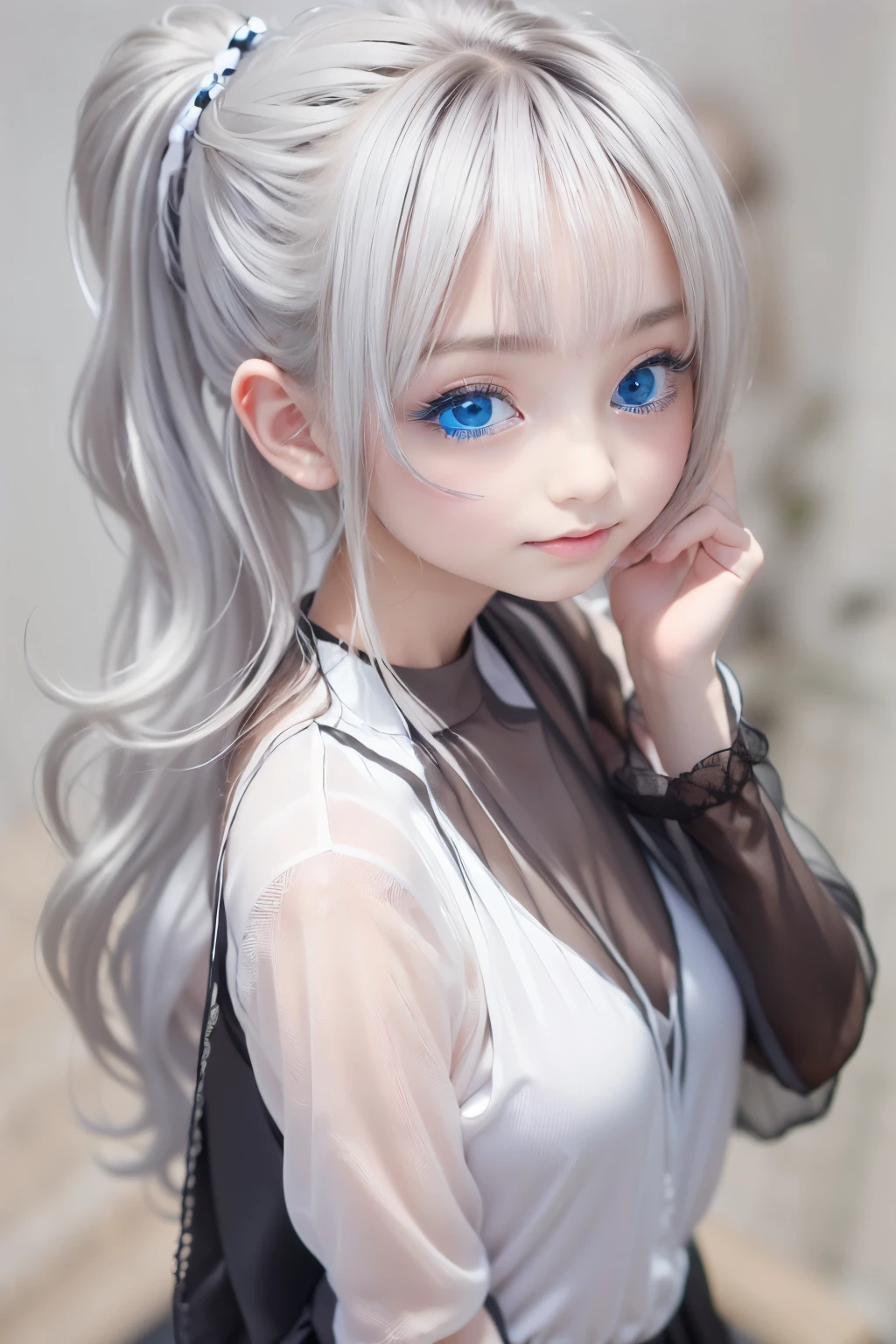 (((1 girl)),ray tracing,(dim lighting),[detailed background (living room)),((silver hair)),(silver hair)),((Fluffy silver hair, chubby and slender girl)) with a high ponytail))) Avoid golden eyes in the ominous living room ((((The girl is wearing a white opaque shirt, Black wrinkled skirt and black transparent stockings), Expressing a delicate, slender body and graceful curves, correct limbs, put your hands behind your head, put your hands behind your head, put your hands behind your head , eye details, beautiful eyes, delicate eyes, blue eyes