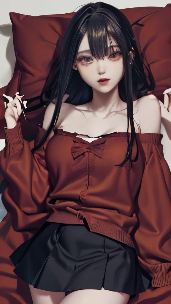 ((highest quality)), ((masterpiece)), (very detailed: 1.3), neon black, lie in bed、big breasts、dark shadow、bright red bed、white off shoulder、Wearing a red cardigan、dark mini skirt