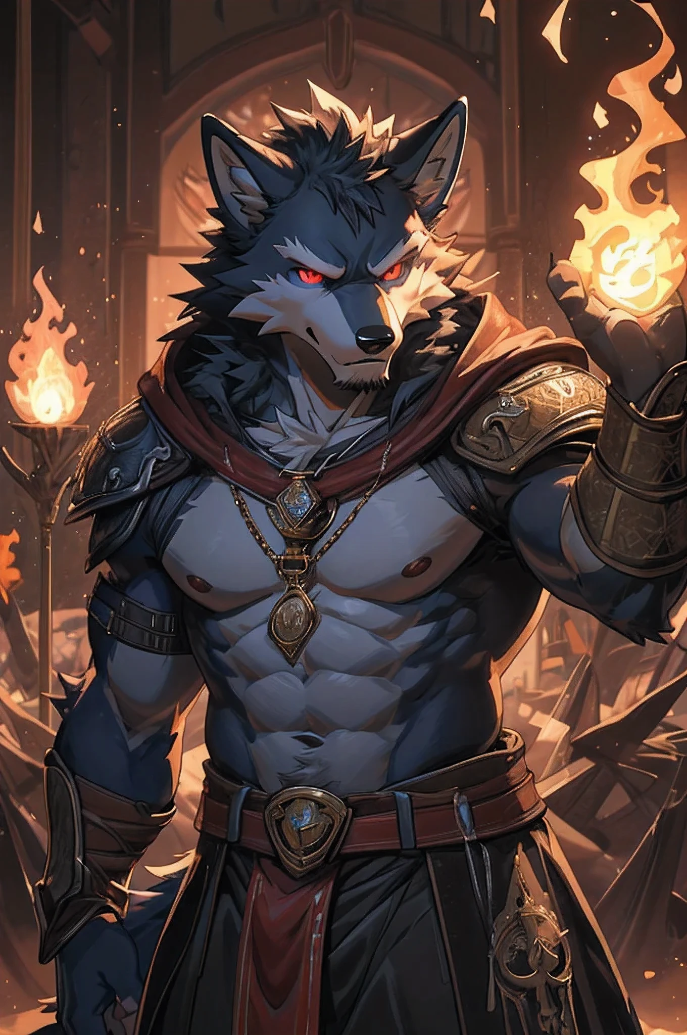 One portrait of a werewolf with lustfull face looking pleasured, the werewolf have nice yellows eyes, wide shoulders, nice pecs, gloomy fire Illumination from medieval times.