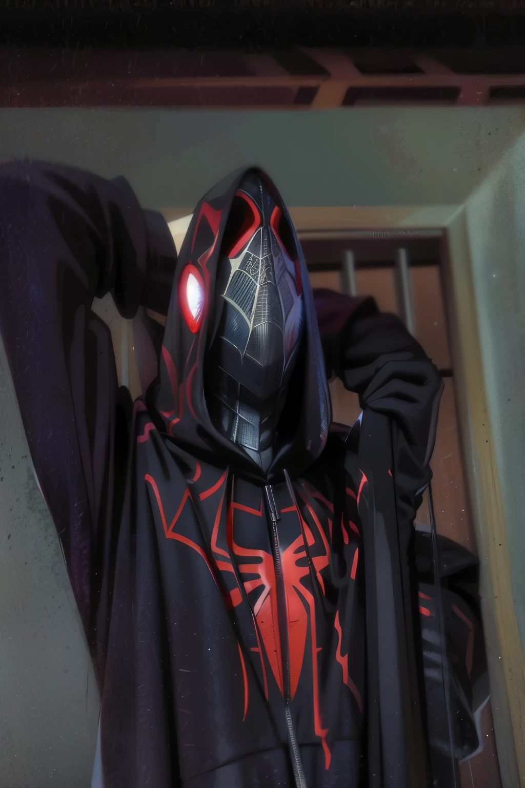 spider - man in a black hoodie with a red spider - man mask, miles morales!!!, miles morales, futuristic style spiderman, wearing sith hood, profile image, donald glover as miles morales, full samurai armor spiderman, spiderman!!, profile shot, spiderman, profile picture, full costume, jesse pinkman as spider-man, venom costume, full mask