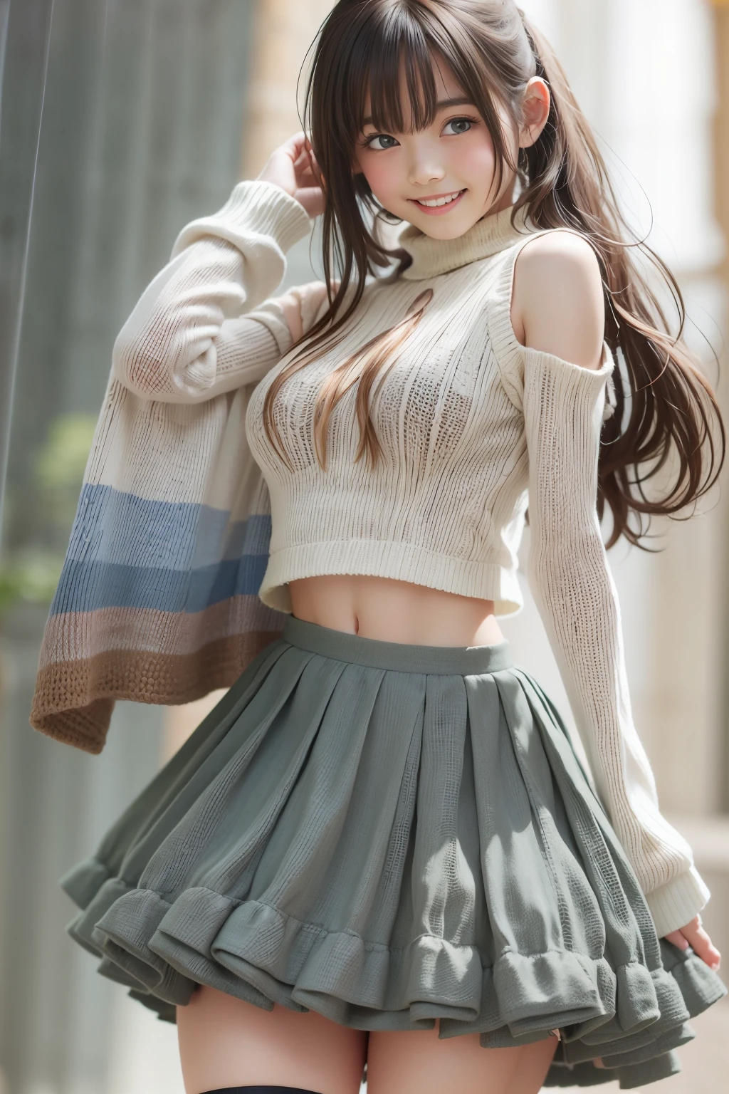 (knit clothes), skirt, masterpiece, highest quality, (photorealistic), woman, smile, bangs