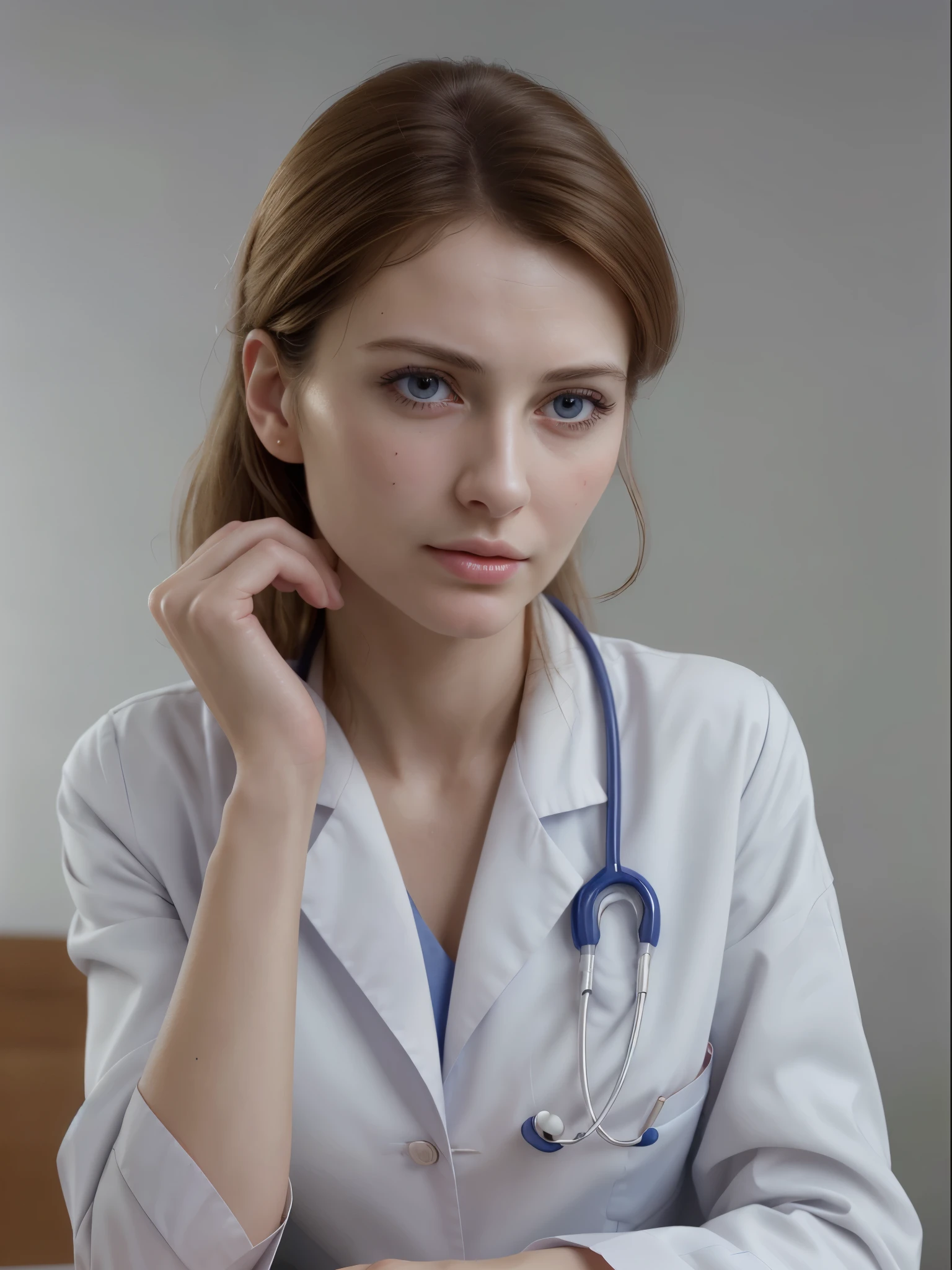 masterpiece, best quality, extremely detailed, hyperrealistic, photorealistic, a beautiful french doctor, doctor uniform, one hand up, elbows on table, placing her hand on her cheek, hospital:1.1, ultra detailed face