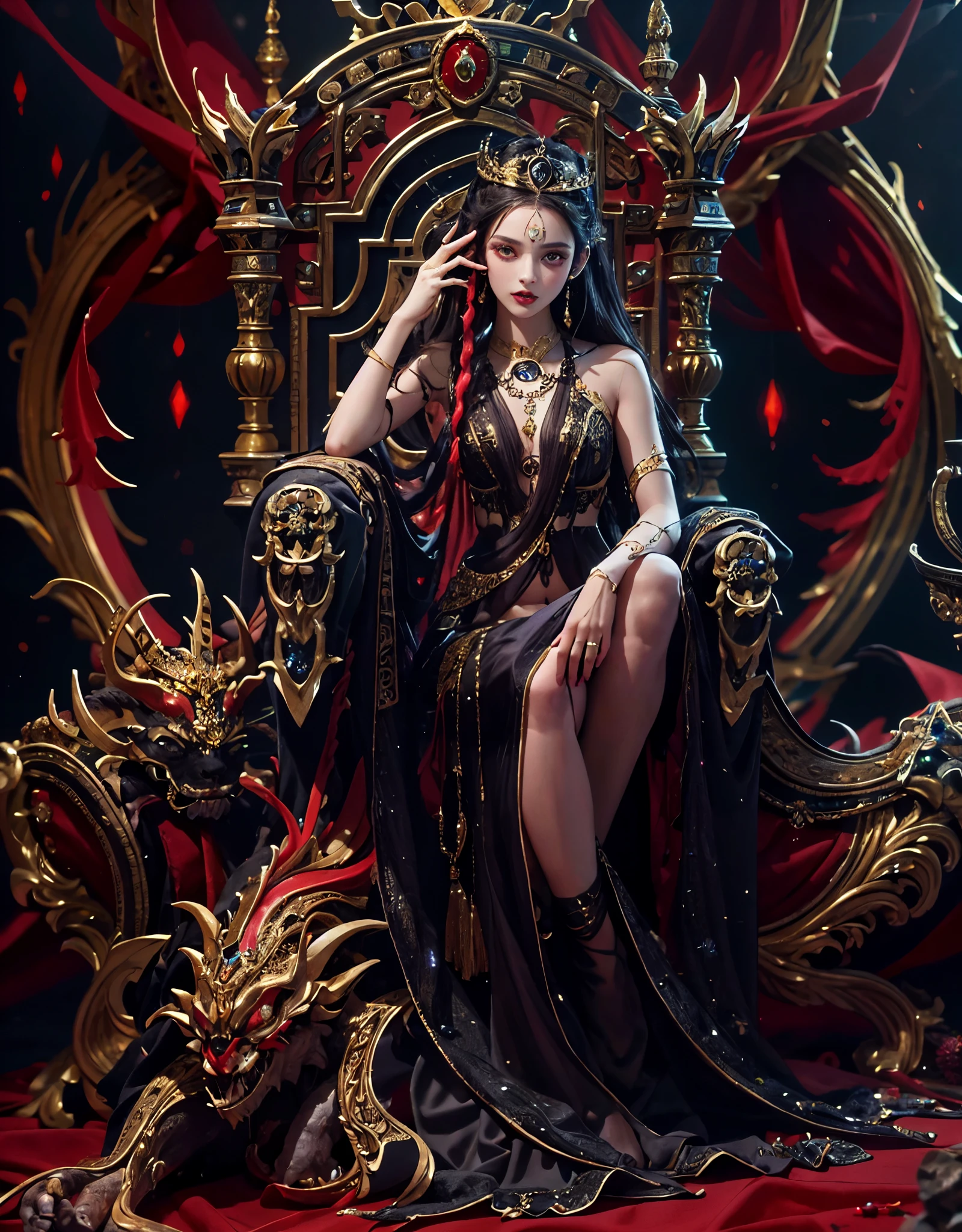 8k, RAW photo, best quality, masterpiece, realistic, photo-realistic, clear, professional lighting, beautiful face, best quality,ultra high res

female demon lord,eternal youth,25 years old,long hair,complex braids,decorations,deep red hair,jet black hair,vivid red eyes,golden eyes,eyeliner,dark lipstick,dark-toned dress,,magical gems,jewelry,crown,luxurious throne,dragon sculptures,magical symbols,sinister,exquisite decorations,crossing legs,resting cheek in hand,(full body:1.4) visible　A large throne decorated with ominous yet, luxurious and precise carvings,(A sexy draped dress with a loose-fitting belly button that shows a lot of skin,:1.5)