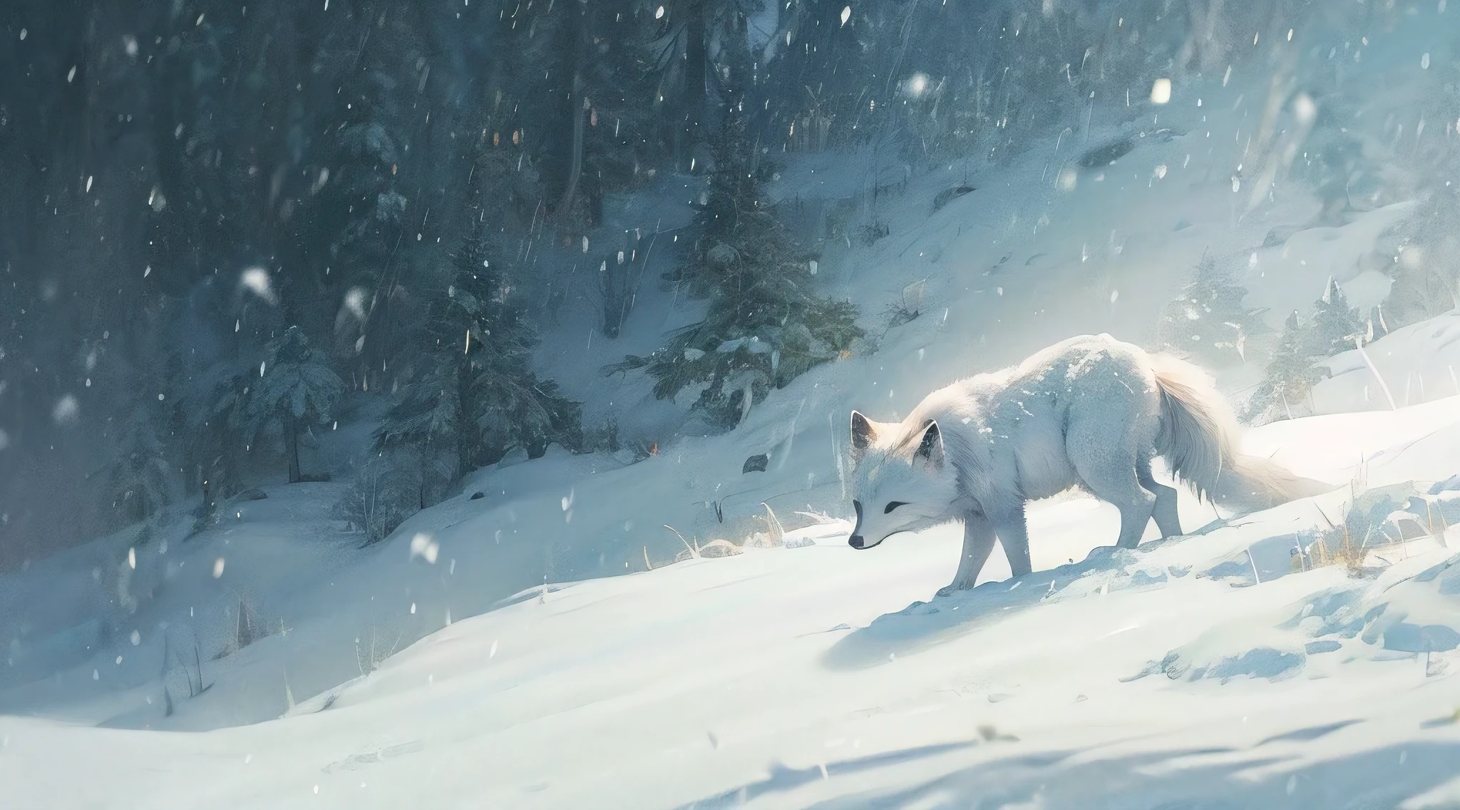 (masterpiece, best quality, photorealistic, ultra-detailed:1.2), a solitary arctic fox roaming the snowy landscape, heavy snowing, perfect illustration
