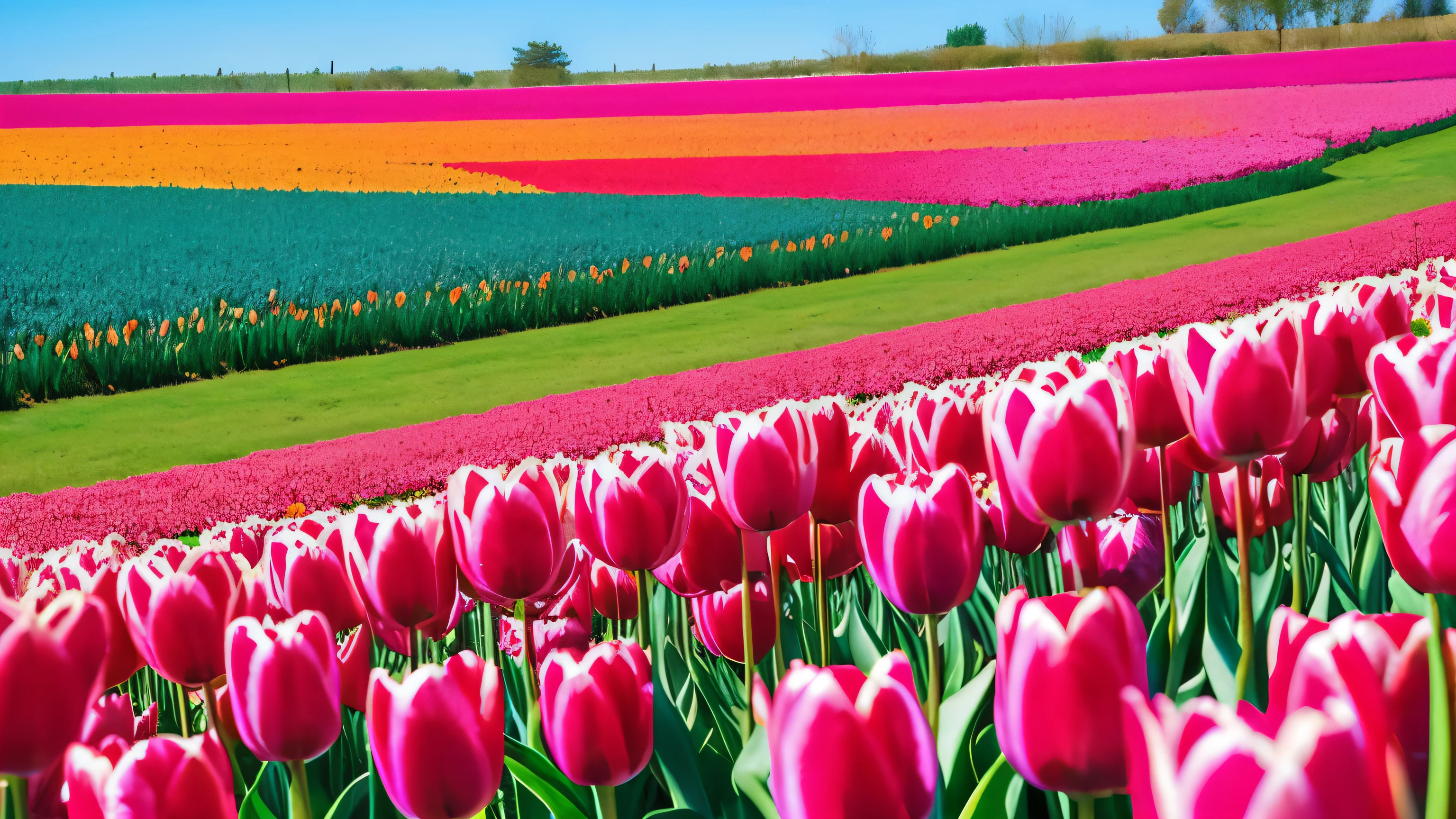Fields of colorful tulips in various shades of pink, red, and yellow, With the clear blue sky as the backdrop..