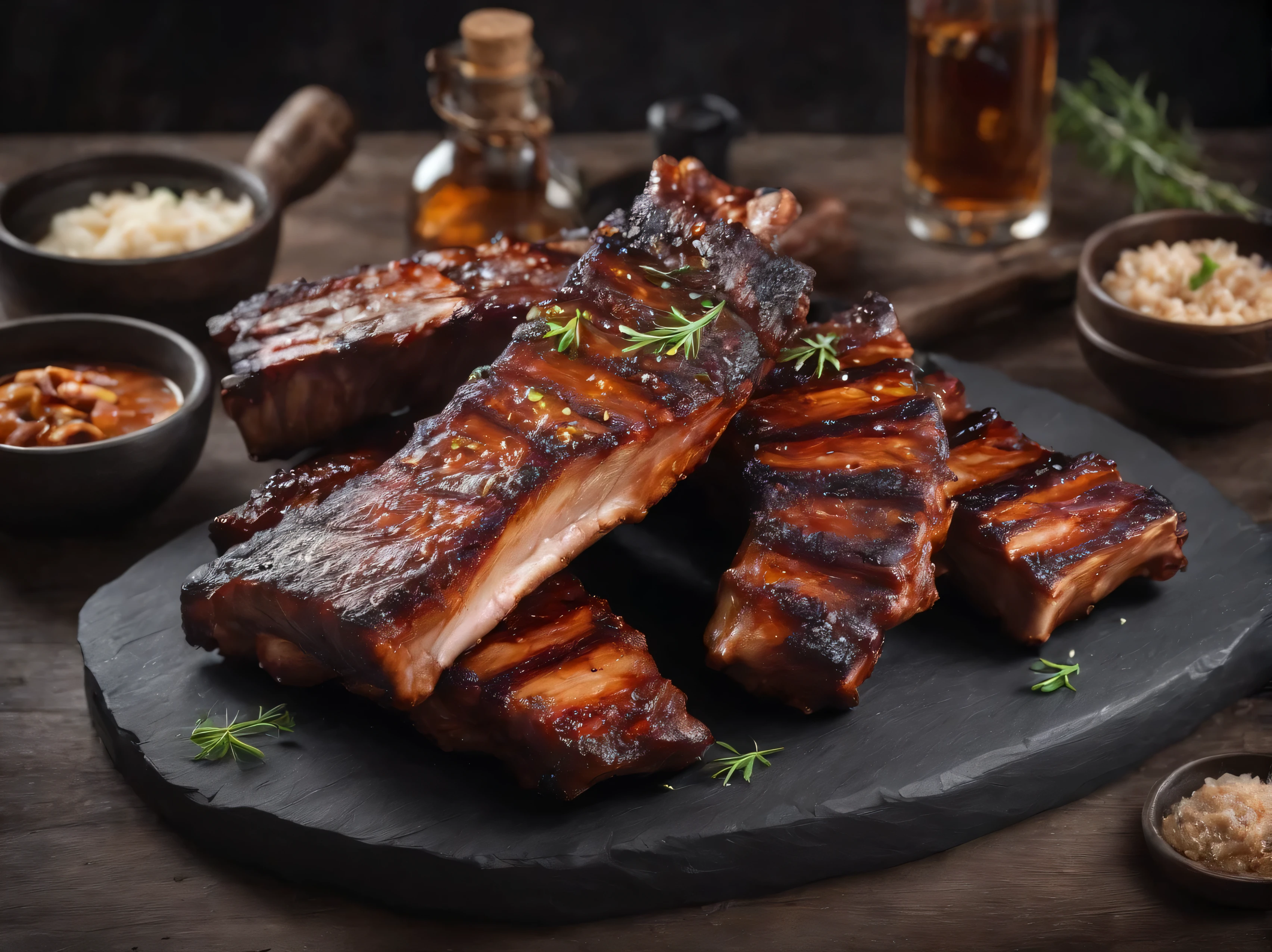 A photo of delicious ribs pork bbq, food photography, gourmet,  table with rustic wood and ambiance with dramatic lights, backlight, Canon EOS 1DX Mark I, 85mm lens, f1.2, blurred background