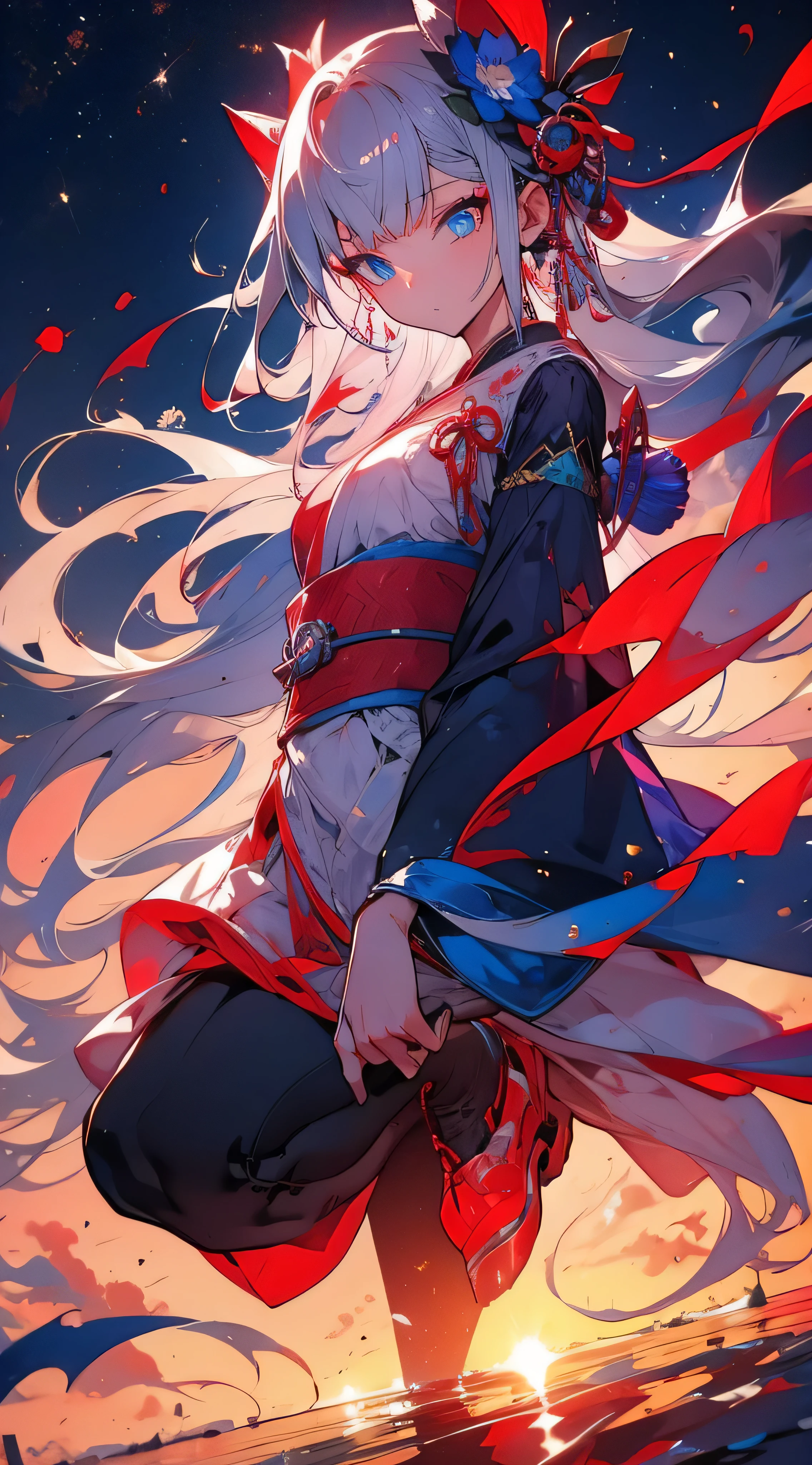 Flame surrounding girl, ultra sharp, maximum quality, masterpiece, 8K, detailed eyes, 1girl, shiroko model, young girl, long hair, grey hair, blue flower hair ornaments, kimono, deep blue eyes, pretty eyes, Katana, flying in sky, beautiful sunset, gradient sky, shooting stars, reflection of stars in girl's eye, hand pointing to the audience