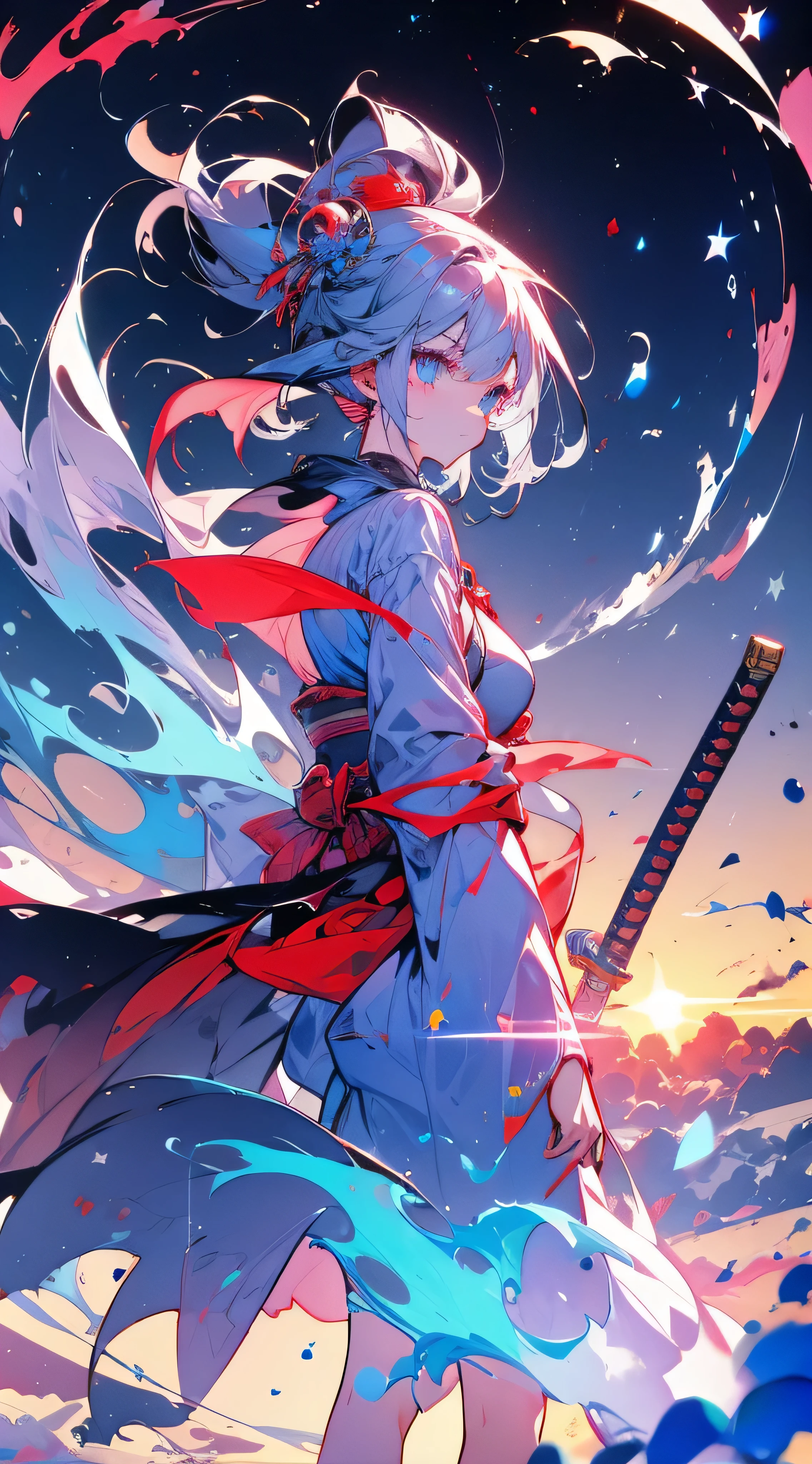 Flame surrounding girl, ultra sharp, maximum quality, masterpiece, 8K, detailed eyes, 1girl, shiroko model, young girl, long hair, grey hair, blue flower hair ornaments, kimono, deep blue eyes, pretty eyes, Katana, flying in sky, beautiful sunset, gradient sky, shooting stars, reflection of stars in girl's eye, hand pointing to the audience