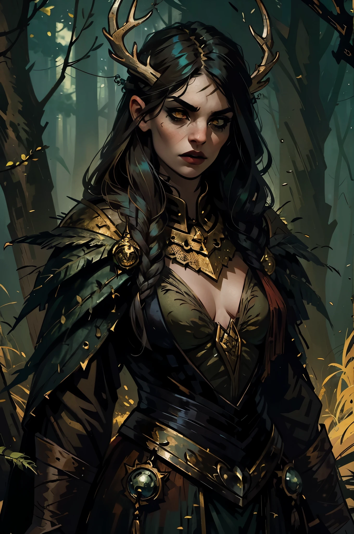 Dark Fantasy, Gloomy forest, Attractive young girl, The Forest Witch, golden eyes, Black Eye Makeup, black tattoos on the face, branches in the hair that look like deer antlers, feathers in hair, dark shabby clothes, Celtic patterns on the body, Beautiful face