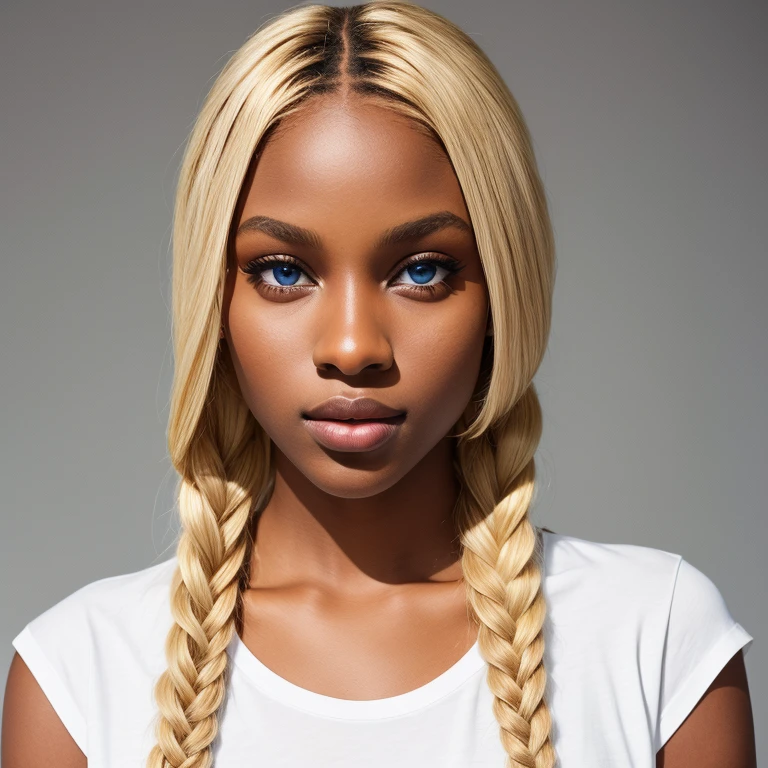 Studio portraits of a 21 year old super models, blonde braids, dark skin, facing the camera, wearing a white short sleeve tee shirt, sweat pants, waist up, modern luxury fashion, indoor, photo studio, studio lighting, studio backdrop, cinematic, 8k, masterpiece, confident, full body shot, hourglass body shape, bright blue eyes, detailed eyes, symmetrical eyes, symmetrical face, hyper realistic, high resolution, modern elegance, film grain, upscale commercial fashion photography, sharp, ultra – high texture details