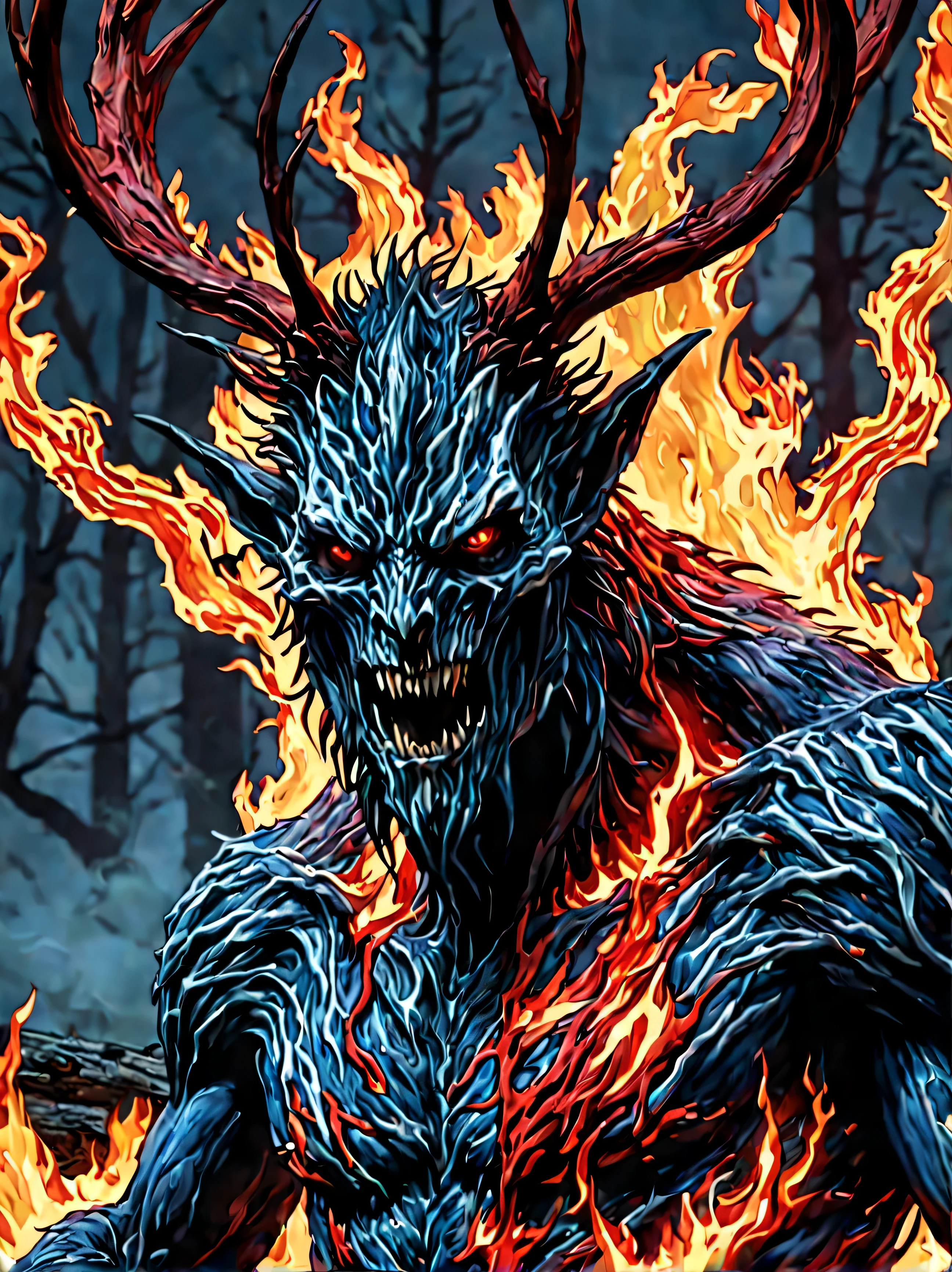 Wendigo, A close-up portrait of a character made out of fire|ice. Red and blue colors dominate the composition. fiery wasteland nighttime, Inspired by the work of Qiu Ying, high saturation detailed