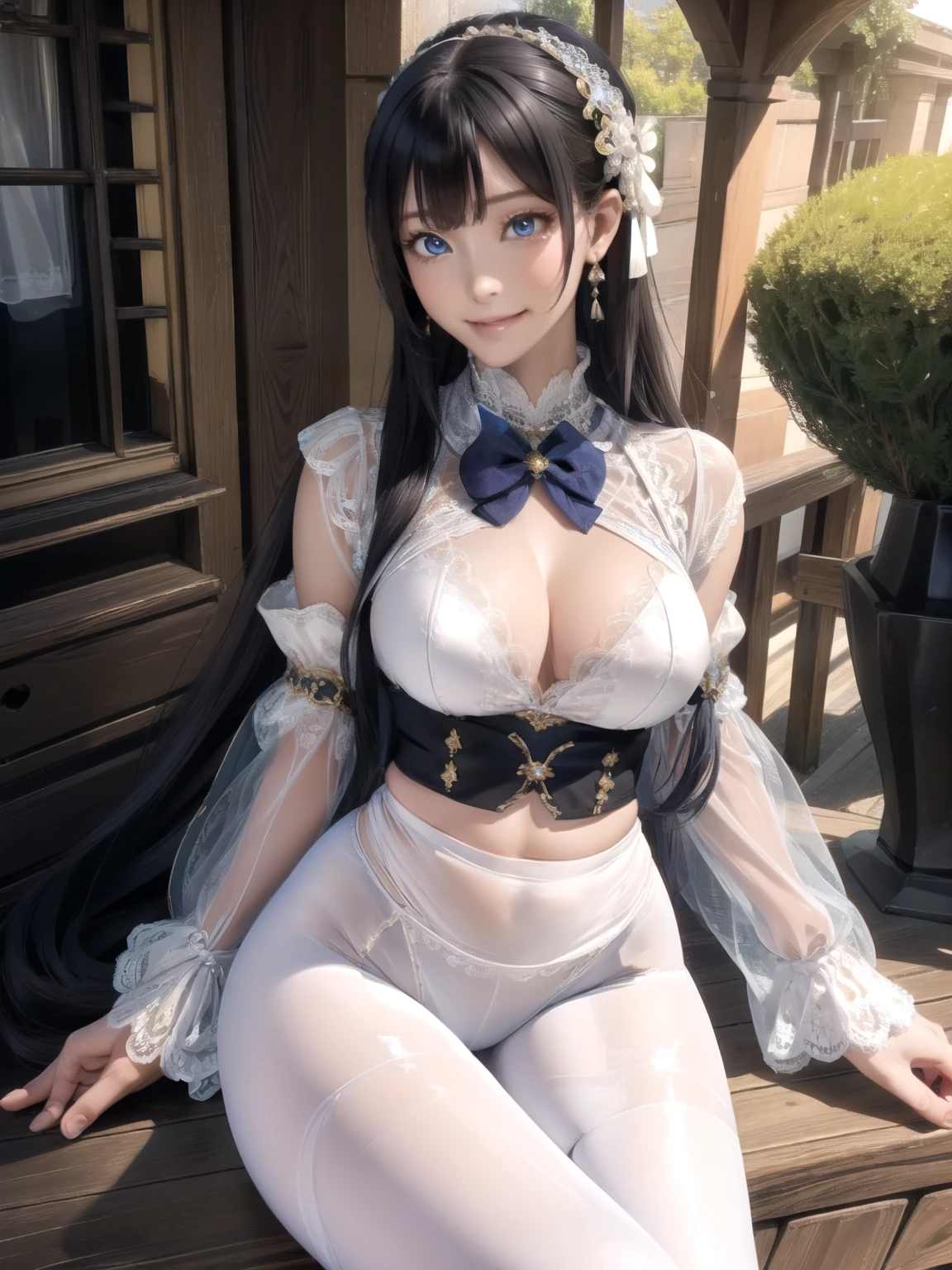 Korean,realistic, table top, final details, photo-realistic, intricate details, octane rendering, 8k, 1 girl, perfect face all over, beautiful face, nffsw, trough reference, hair details,, 黒のbow, 黒いgloves, black feet, blue eyes, blue hair, bow, clavicle, dress, drill hair, frills, frills, gloves, gwen, ヘッドdress, High resolution, long hair, parted lips, plump sleeves, purple eyes, smile, alone, White dress, oil skin, 、model&#39;s stance、((See-through lace leggings))、dressは白いレース素材でできています、leggings focus、too bright natural light、sunlight、(((Beautiful alignment and pure white teeth)))、ultra slim body, big breasts、slender model body、beautiful posture、big round breasts, Tight round buttocks and small crotch, nice leg line:1.3,thick thighs,slim your waist,looking down at the viewer,((from below:1.5)) look back, ((leaning forward)), seen from behind, ((A park rich in nature)), ((Low angle photography that emphasizes the buttocks))