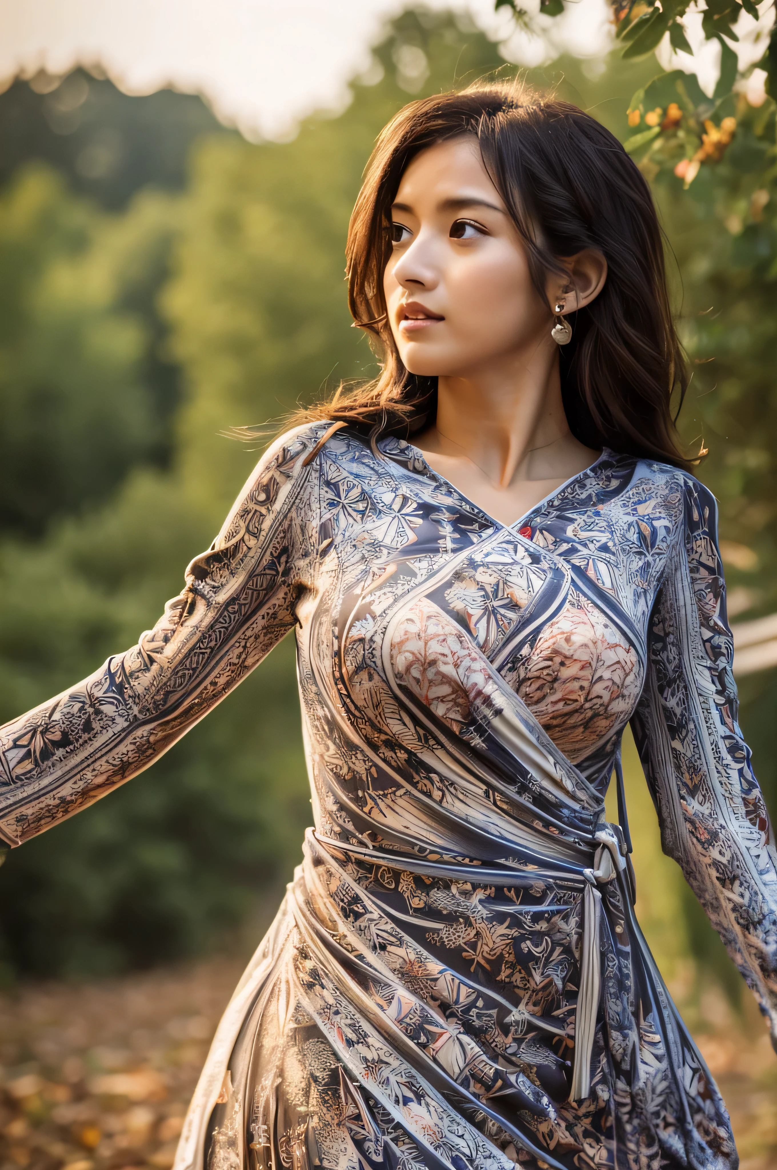 in woods、forest fae、masterpiece、top-quality、solo、(paler:1.04)、(Curta:1.15)And(Curvaceous)femele(flawless skin:1.11)And(teats:1.1)、full body Esbian、Beautiful standing figure、high angle and(((((abstract printed dresses_long sleeve_mini dress_wrap dress:1.3)))))、(face perfect:1.1)with an intricate(high detal:1.1)Body、covering the navel、hiding breast、covers、eyes up、s lips、wings grow on the back,、Gorgeous brown long wavy hair、photographed by lee jeffries nikon d850 film stock photograph 4 kodak portra 400 camera f1.6 lenses Rich colors Ultra-realistic textures Dramatic lighting Art Station Cinestar 800 Unreal Engine Trends