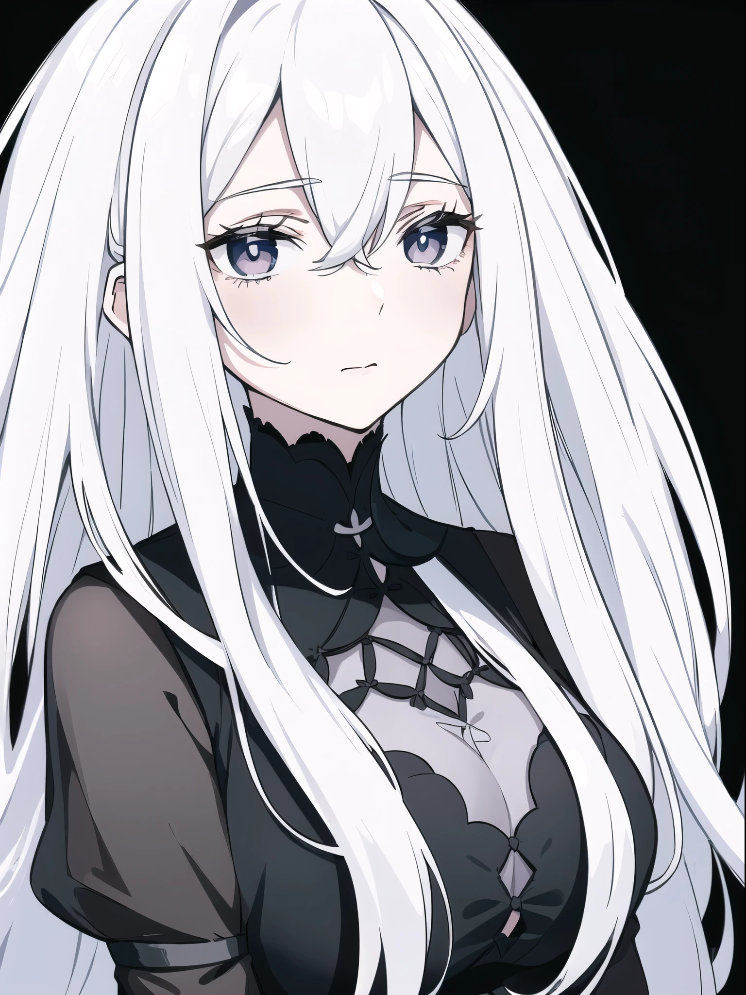 ((White hair)),((Head and Shoulders Image)),Sexy,A person,Alone,Simple style,pancake ,Simple details,Black background,Empty background,Black background wall,(20 year old woman),(Droopy hair),(White Gloves),(Evening Gown),(Lace Shirt),Lace,(confidence)