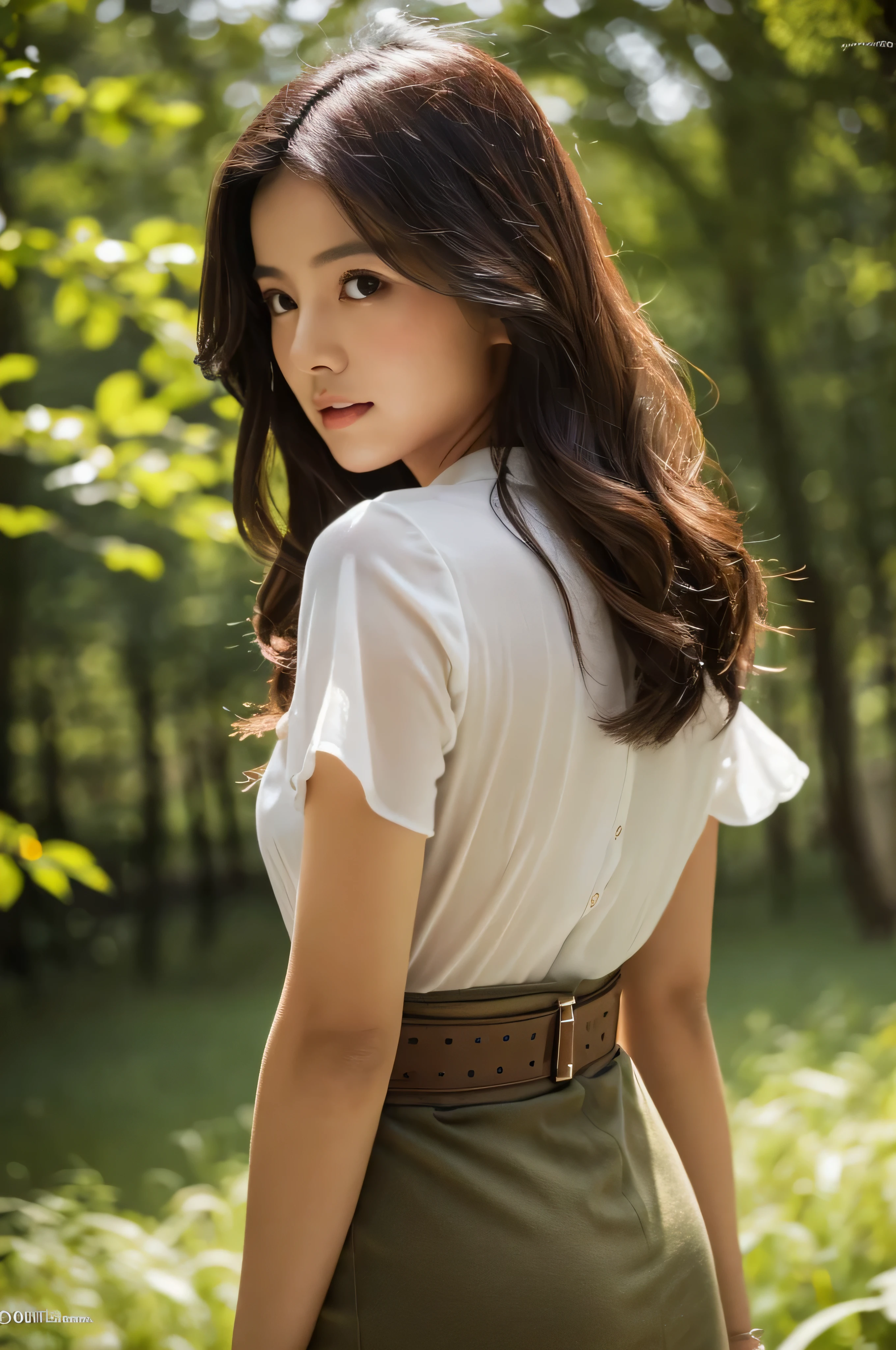in woods、forest fae、masterpiece、top-quality、solo、(paler:1.04)、(Curta:1.15)And(Curvaceous)femele(flawless skin:1.11)And(teats:1.1)、full body Esbian、Beautiful standing figure、high angle and((White see-through shirt、a belt、a black mini skirt))、(face perfect:1.1)with an intricate(high detal:1.1)Body、covering the navel、hiding breast、covers、eyes up、s lips、wings grow on the back,、Gorgeous brown long wavy hair、photographed by lee jeffries nikon d850 film stock photograph 4 kodak portra 400 camera f1.6 lenses Rich colors Ultra-realistic textures Dramatic lighting Art Station Cinestar 800 Unreal Engine Trends