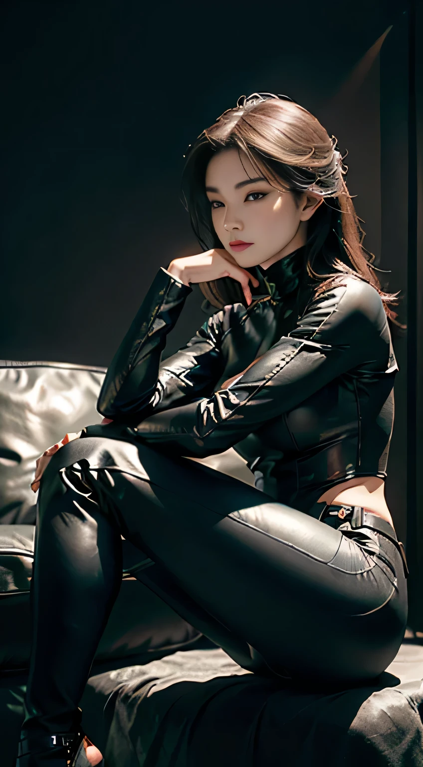 to be born, masterpiece, 超精細なphotograph,,whole body,high heels,细high heels, 最high quality, ultra high resolution, lifelike, sunlight, whole body肖像, amazingly beautiful,, dynamic pose, delicate face, to be bornきto be bornきとした目, (Side view) , she'Wear a futuristic Batman costume, tight leather pants, turtleneck top, put your hands behind your head, Sitting on a leather sofa, highly detailed background, detailed face, detailed busy background, Messy, nice, milky, high detail skin, lifelike皮肤细节, visible pores, sharp focus, volumetric fog, 8Kultra high resolution, Single-lens reflex camera, high quality, film grain, white skin, photorealism, photograph, A spto be bornling metropolis in a future dystopia, view from below, translucent,very hanging,whole body
