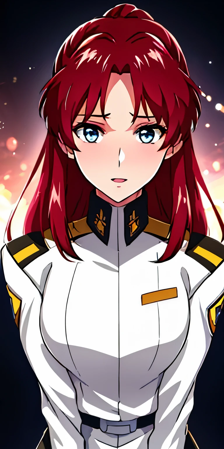 army uniform, army,white jacket, white uniform,skirt,ペンシルskirt,
white_have,
前hair,red_hair, length_hair,blue eyes,a White bow in her hair,
1 girl, 20 years,young woman,beautiful Finger,beautiful length legs,beautiful body,beautiful Nose,beautiful character design, perfect eyes, perfect face,expressive eyes, looking at the viewer, in the center of the image,(light_笑face:0.5), official art,Highly detailed CG Unity 8k wallpaper, perfect lighting,colorful, bright_front_face_lit,shiny skin, (masterpiece:1.0),(Highest_quality:1.0), 超High resolution,4k,super detailed, photograph, 8k, HDR, High resolution, disorganized:1.2, kodak portrait 400, film grain, blurred background, Bokeh:1.2, Lens flare, (lively_color:1.2) (beautiful,big_chest:1.0), (beautiful_face:1.5),(narrow_waist)