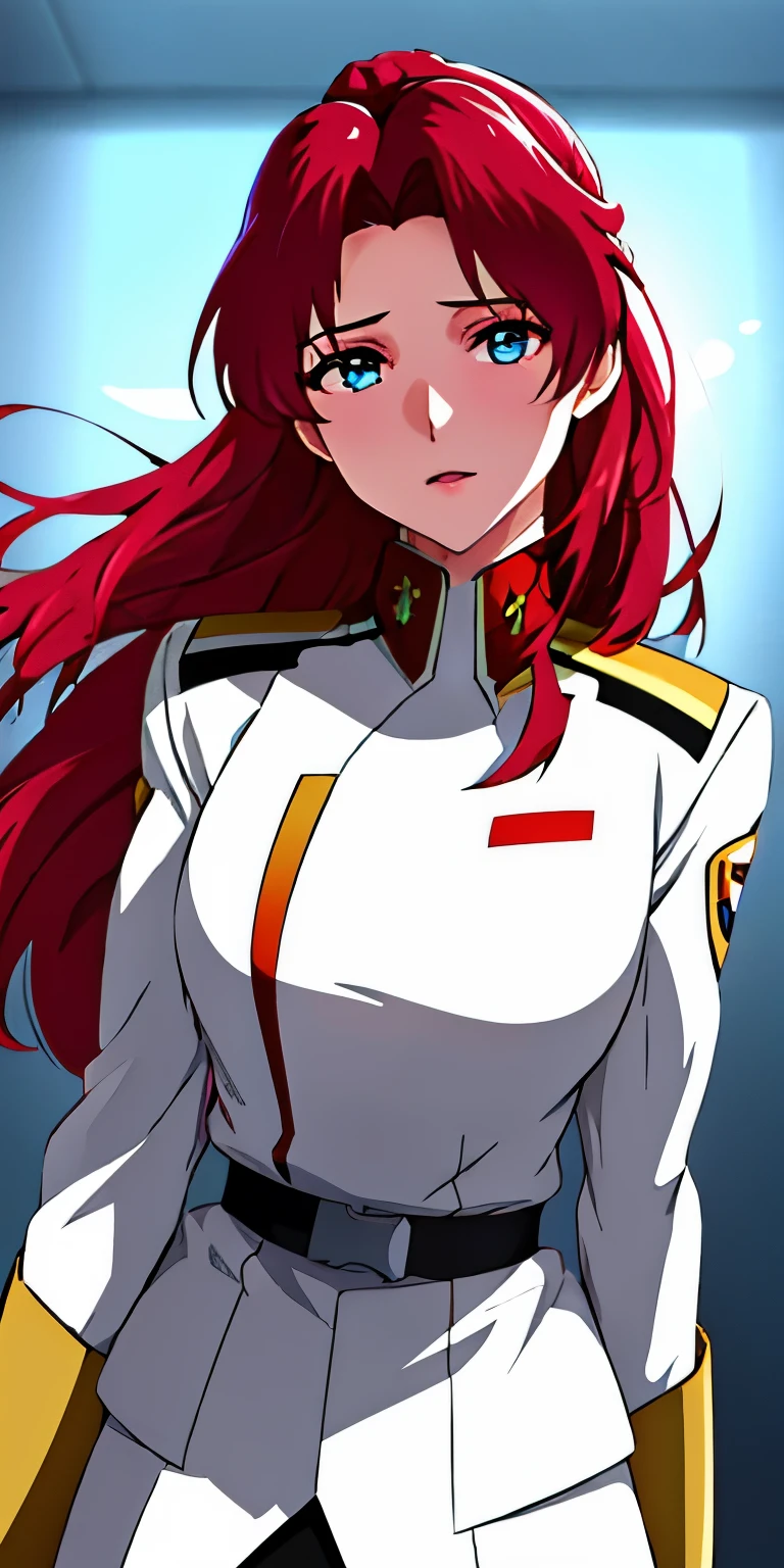 army uniform, army,white jacket, white uniform,skirt,ペンシルskirt,
white_have,
前hair,red_hair, length_hair,blue eyes,a White bow in her hair,
1 girl, 20 years,young woman,beautiful Finger,beautiful length legs,beautiful body,beautiful Nose,beautiful character design, perfect eyes, perfect face,expressive eyes, looking at the viewer, in the center of the image,(light_笑face:0.5), official art,Highly detailed CG Unity 8k wallpaper, perfect lighting,colorful, bright_front_face_lit,shiny skin, (masterpiece:1.0),(Highest_quality:1.0), 超High resolution,4k,super detailed, photograph, 8k, HDR, High resolution, disorganized:1.2, kodak portrait 400, film grain, blurred background, Bokeh:1.2, Lens flare, (lively_color:1.2) (beautiful,big_chest:1.0), (beautiful_face:1.5),(narrow_waist)