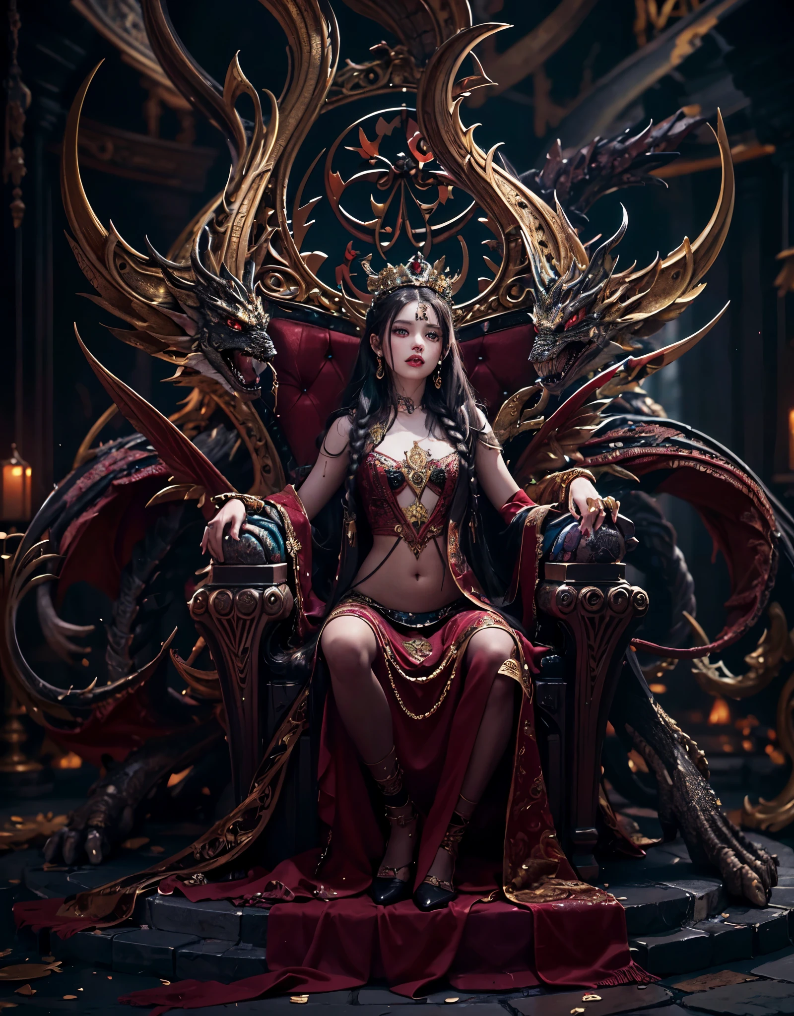 8k, RAW photo, best quality, masterpiece, realistic, photo-realistic, clear, professional lighting, beautiful face, best quality,ultra high res
female demon lord,eternal youth,25 years old,long hair,complex braids,decorations,deep red hair,jet black hair,vivid red eyes,golden eyes,eyeliner,dark lipstick,dark-toned dress,,magical gems,jewelry,crown,luxurious throne,dragon sculptures,magical symbols,sinister,exquisite decorations,crossing legs,resting cheek in hand,(full body:1.4) visible A large throne decorated with ominous yet, luxurious and precise carvings,(A sexy draped dress with a loose-fitting belly button that shows a lot of skin,:1.5)A very fine devil's horn with a very complicated structure grows from its head, and very large and ominous devil wings grow from its back.