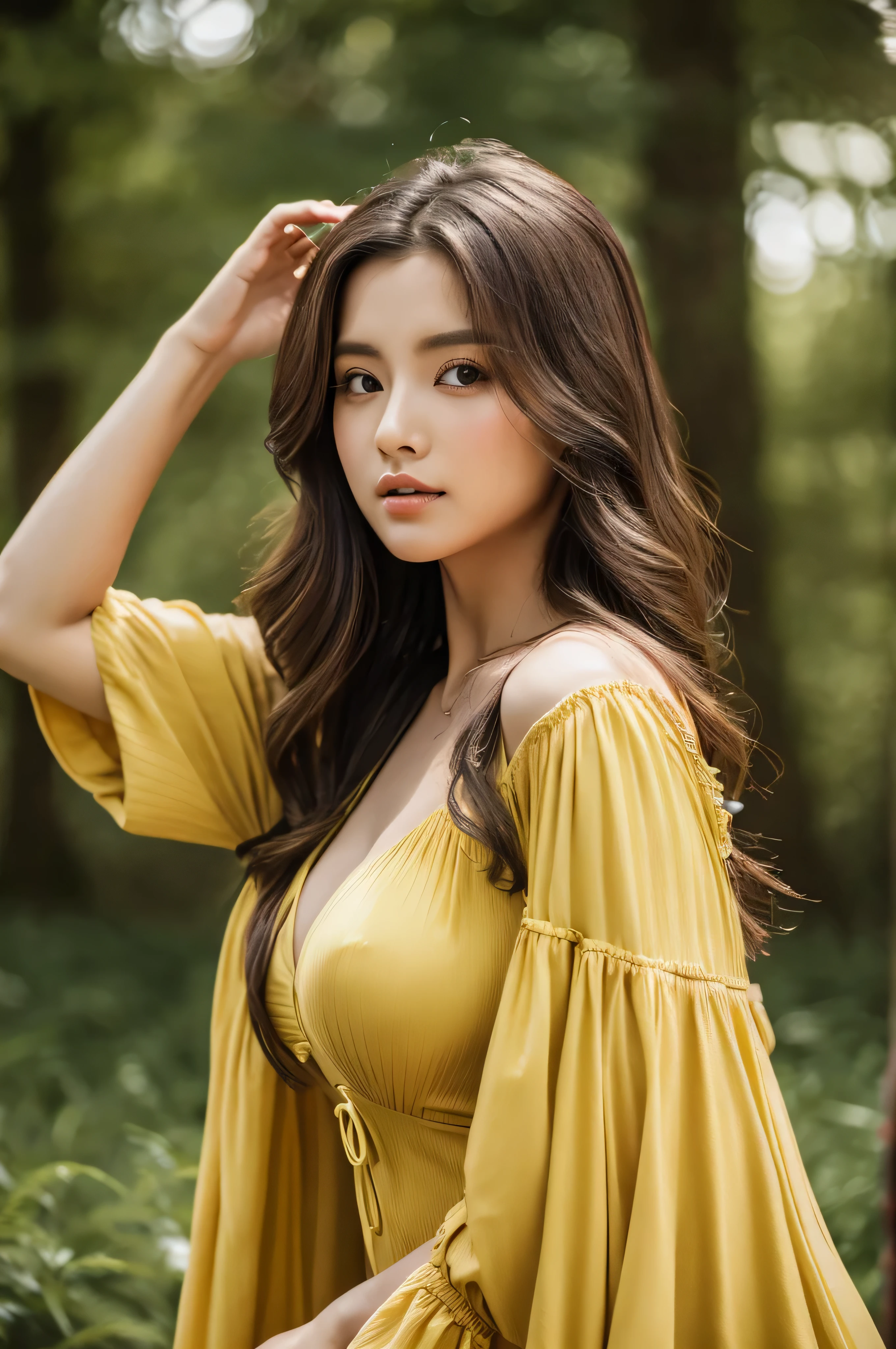 in woods、forest fae、masterpiece、top-quality、solo、(paler:1.04)、(Curta:1.15)And(Curvaceous)femele(flawless skin:1.11)And(teats:1.1)、full body Esbian、Beautiful standing figure、high angle and(Yellow dress)、((Near and far law:0.6)Green dress)、(face perfect:1.1)with an intricate(high detal:1.1)Body、covering the navel、hiding breast、covers、eyes up、s lips、wings grow on the back,、Gorgeous brown long wavy hair、photographed by lee jeffries nikon d850 film stock photograph 4 kodak portra 400 camera f1.6 lenses Rich colors Ultra-realistic textures Dramatic lighting Art Station Cinestar 800 Unreal Engine Trends
