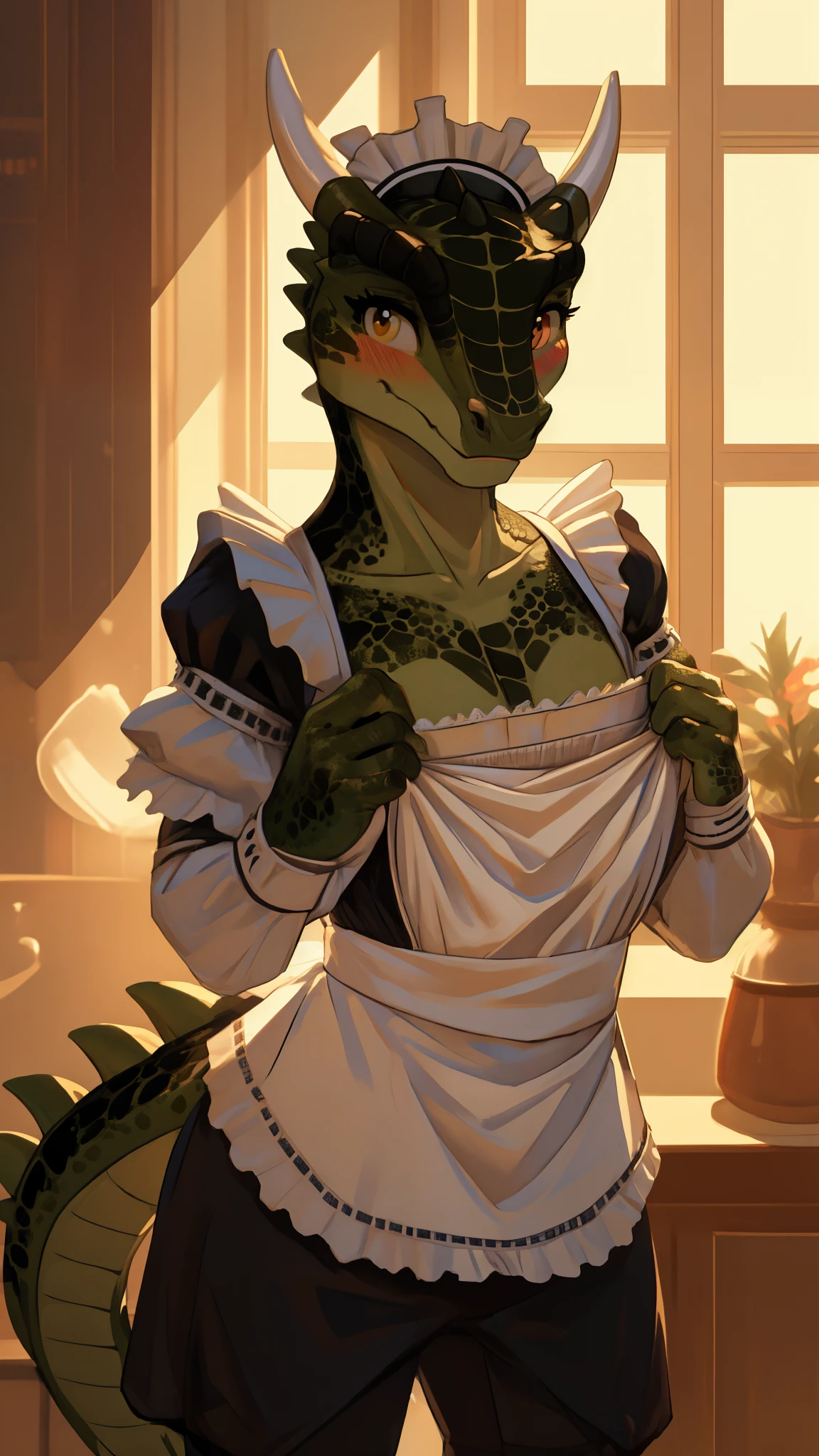 anime, hdr, soft light, ((best quality)), ((masterpiece)), (detailed), lustyargonian, maid, colored skin, green skin, maid headdress, tail, horns, (scales:1.2), (snout, animal nose:1.1), blush, embarrassed, (looking at viewer:1.1), cowboy shot,  (sexy undressing pose:1.5), mansion, (nsfw:0.35)