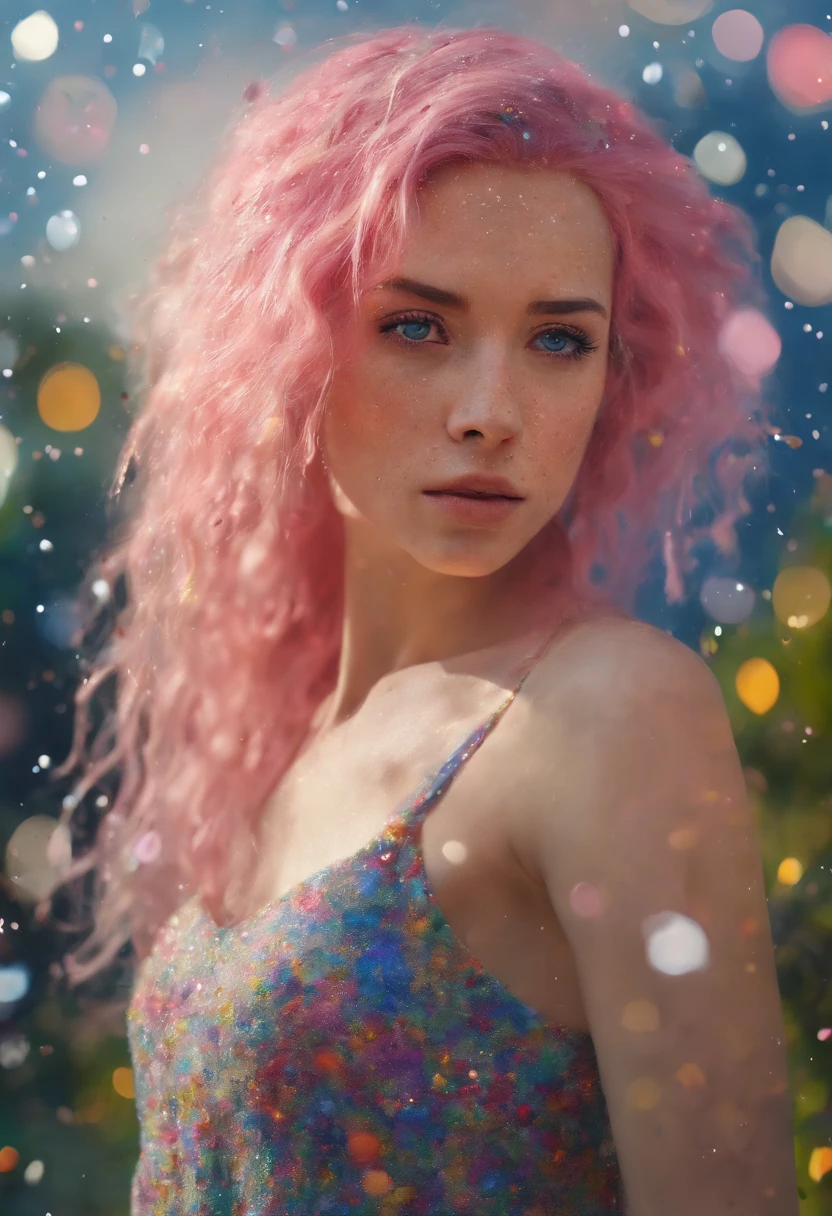 1woman with pink hair and sylk dress, straight hair, glossy hair, beautiful art uhd 4 k, outdoor, garden, beautiful character, beautiful portrait, expressive, beautiful painting, 
expressive beautiful portrait, side light, blue sky