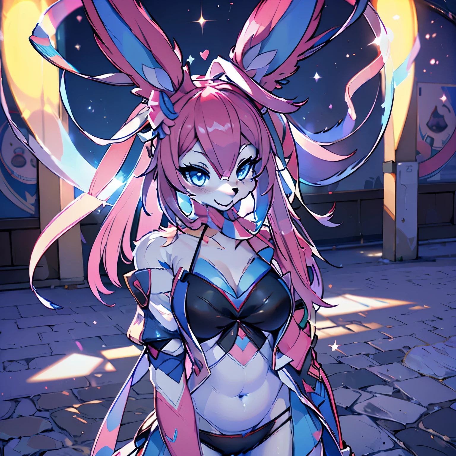 (best quality,ultra-detailed,realistic:1.37),portrait,furry,pokemon,sylveon,1girl,longpinkhair,bigblueeyes,adorable,playful,joyfulexpression,fluffyfur,fairyspecies,colorful,softcolorpalette,pinkandwhite,whimsicalbackground,honkai:star railtheme,sparklingstarrysky,nighttime,girlwearingcosplayoutfit,withpinkribbons and floweraccessories,holdingastuffedsylveonplushie,smilinghappily,brightlylitbystreetlamps,dazzlingneonlighting,fantasticanddreamyatmosphere,